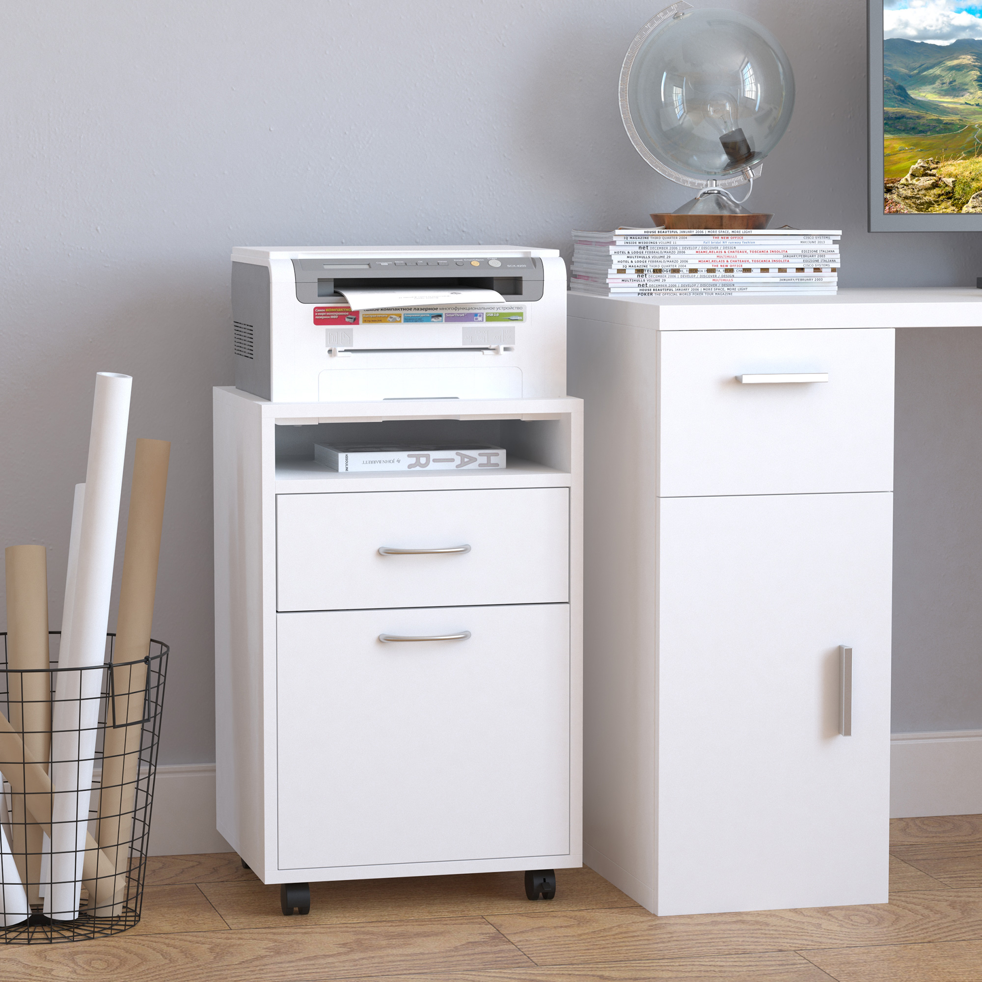 HOMCOM Mobile Vertical Filing Cabinet 24" with Drawer and Wheels - Essential Office Storage Cabinet in White Aosom Canada