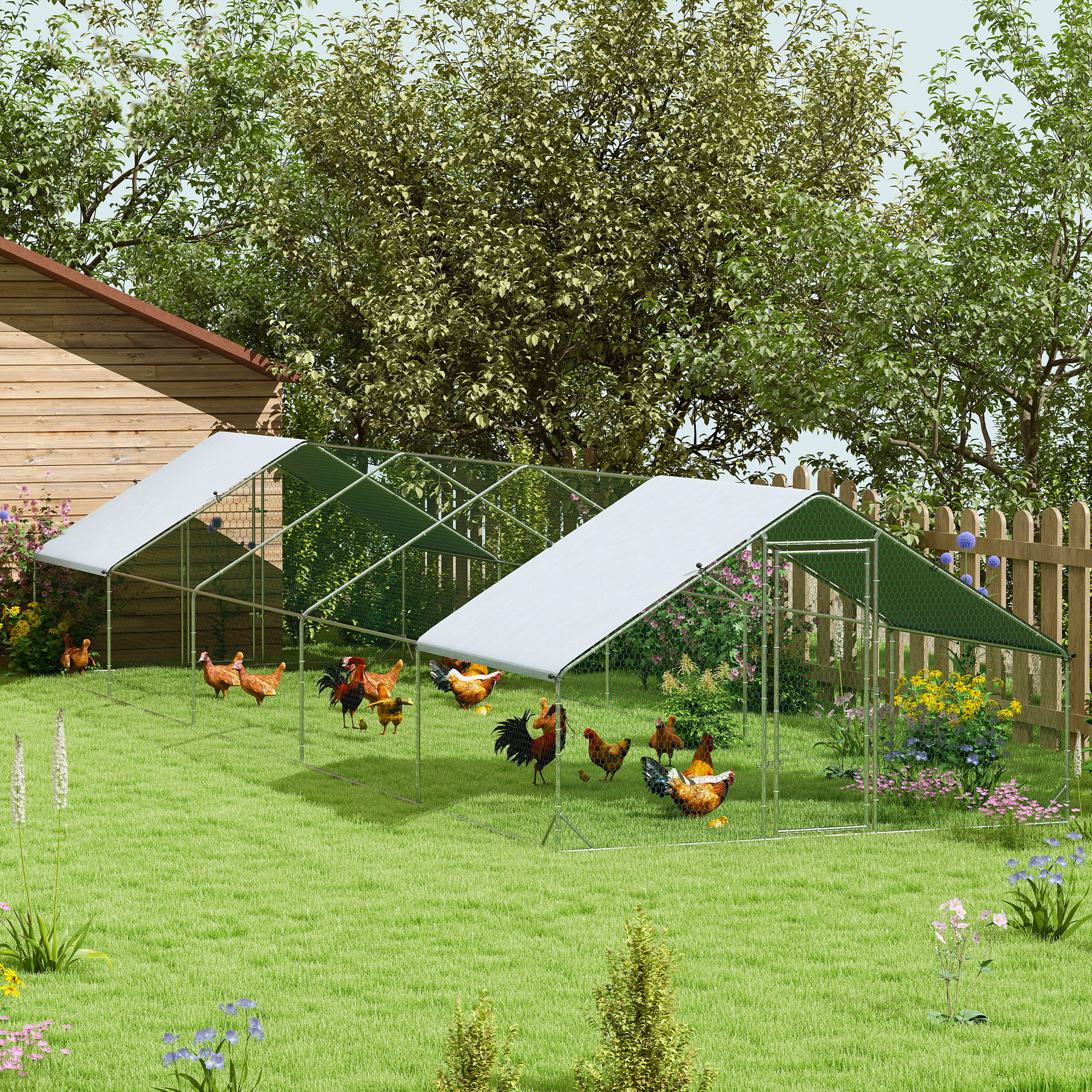 PawHut Metal Chicken Coop with Water- and UV-Protection Cover for Backyard Hen, Duck, Rabbit, 9.8' x 32.8' x 6.4' Aosom Canada