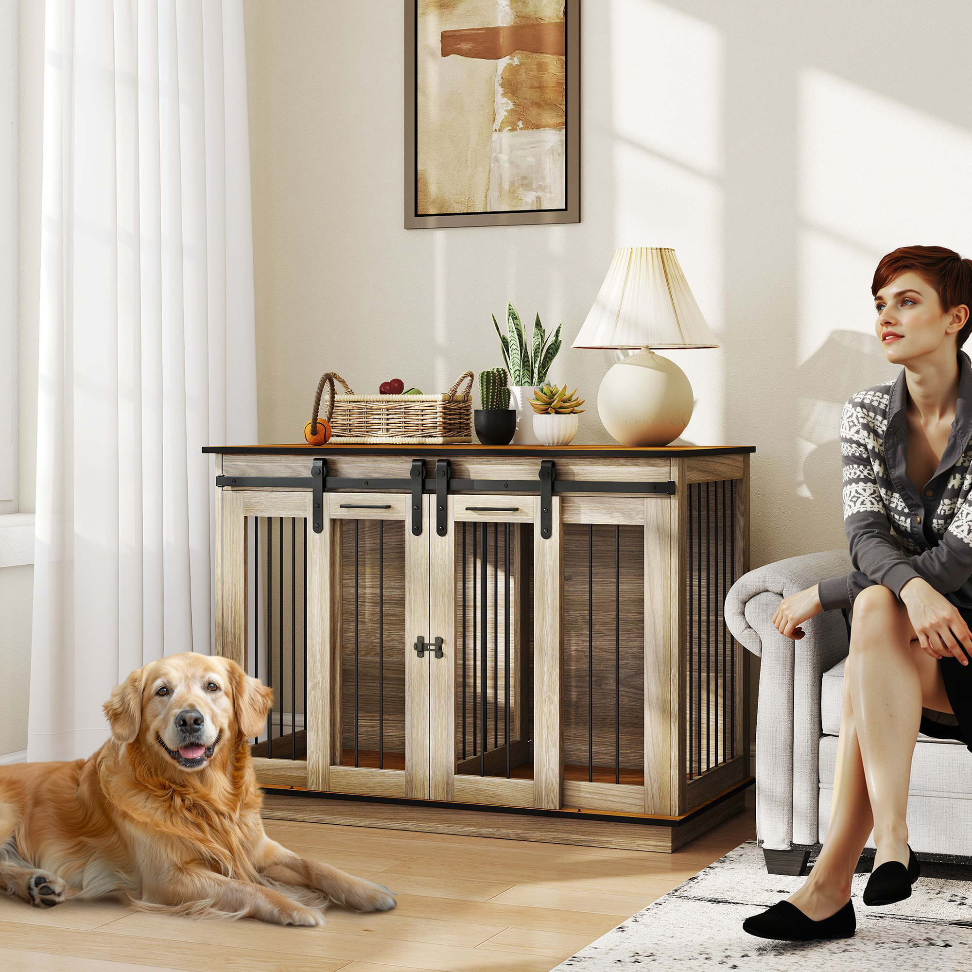 PawHut Dog Crate Furniture with Divider Panel, Wooden Dog Kennel TV Stand for Large Dogs, Pet House Side Table for 2 Small Dogs Aosom Canada