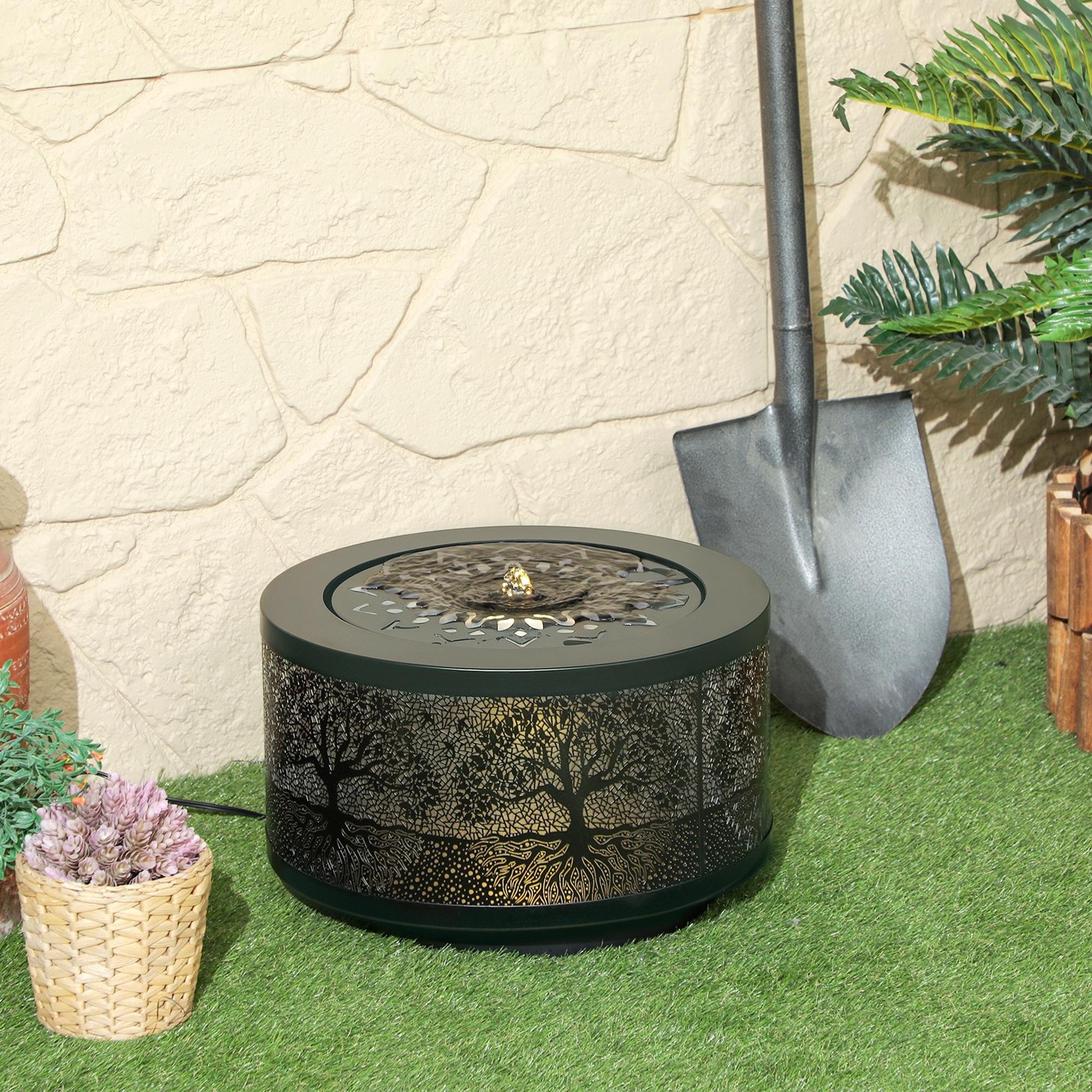 Outsunny Outdoor Water Fountain with LED Lights, 10" Tall Garden Waterfall Fountain Feature with Adjustable Flow, Black Aosom Canada