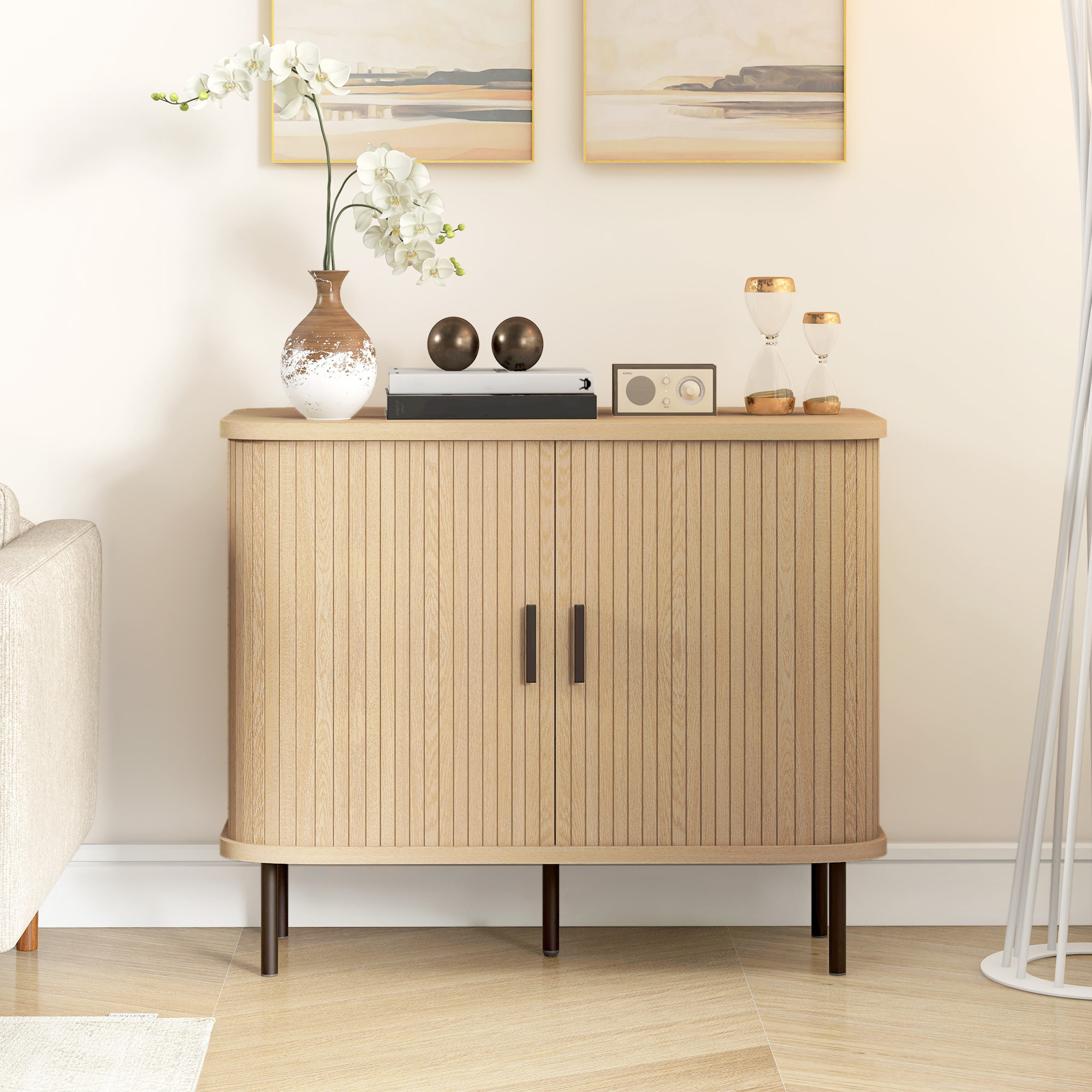 HOMCOM 35.4" Sideboard Buffet Cabinet with Storage, Nordic Coffee Bar Cabinet with Slatted Tambour Doors and Metal Legs, Oak Aosom Canada