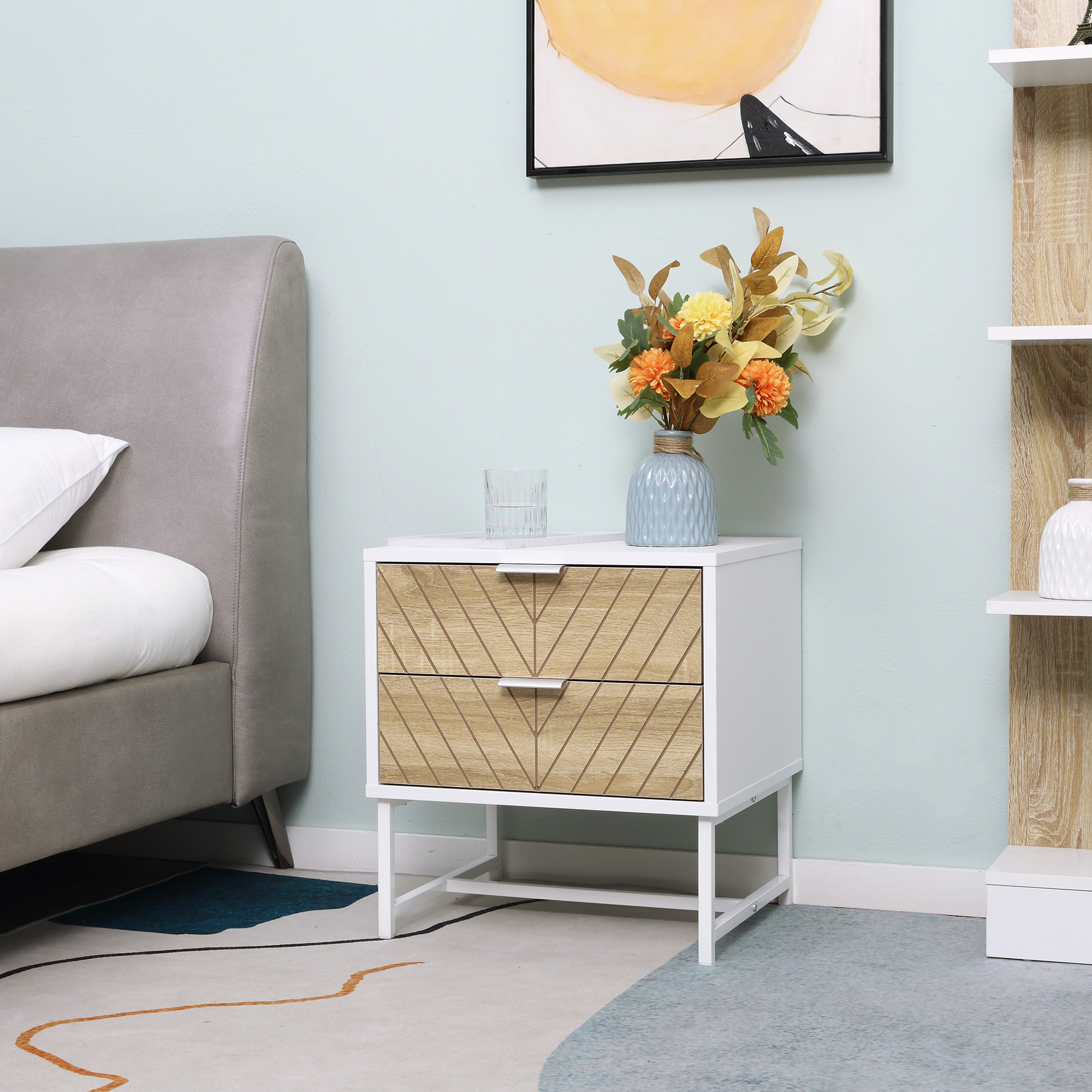 HOMCOM Minimalist Chic: 2-Drawer Bedside Table, Steel Frame Sofa Side Table for Bedroom Living Room, White Oak Finish Aosom Canada
