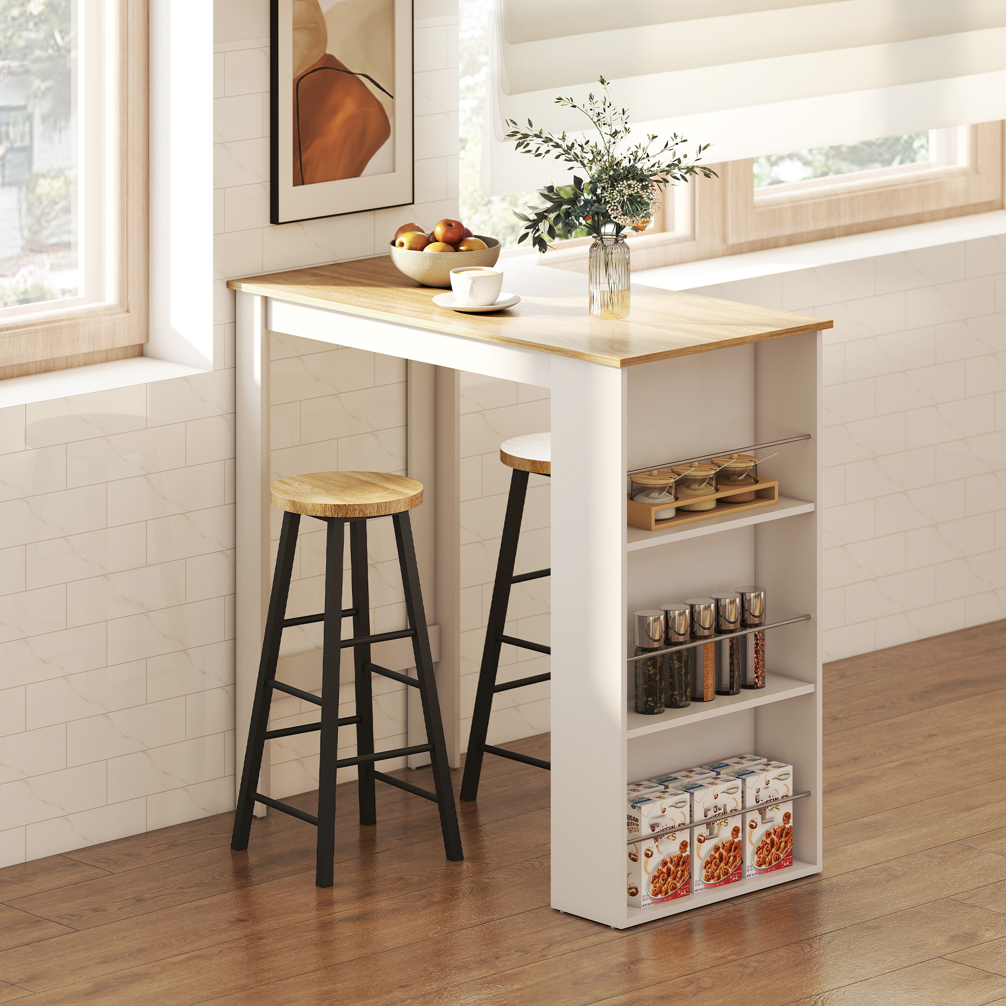 HOMCOM Modern Bar Table, Bar Height Dining Table with 3 Storage