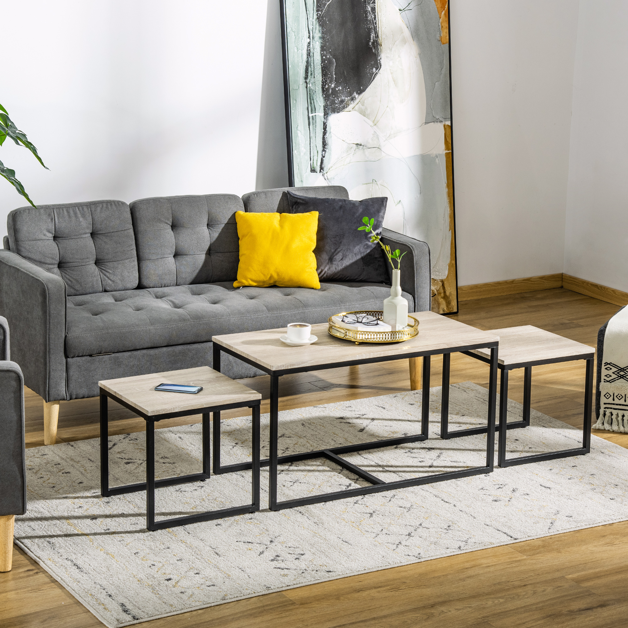 Homcom Natural Nesting Coffee Tables: Contemporary Set of 3 with Black Metal Frame for Stylish Living Room Aosom Canada
