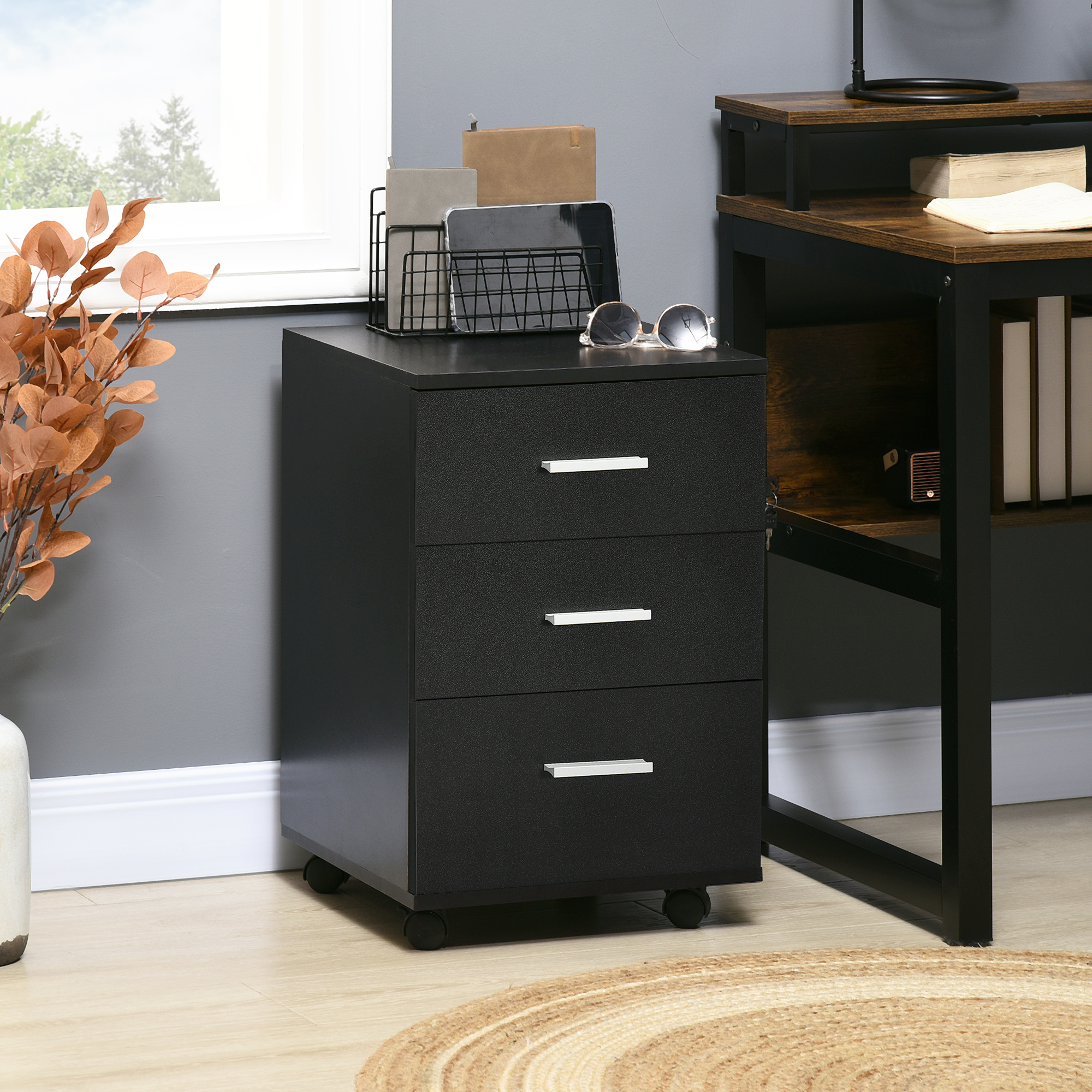 Vinsetto 3 Drawer Mobile Filing Cabinet with Lock and Keys Wheels for Home Office Storage Organizer Black Aosom Canada