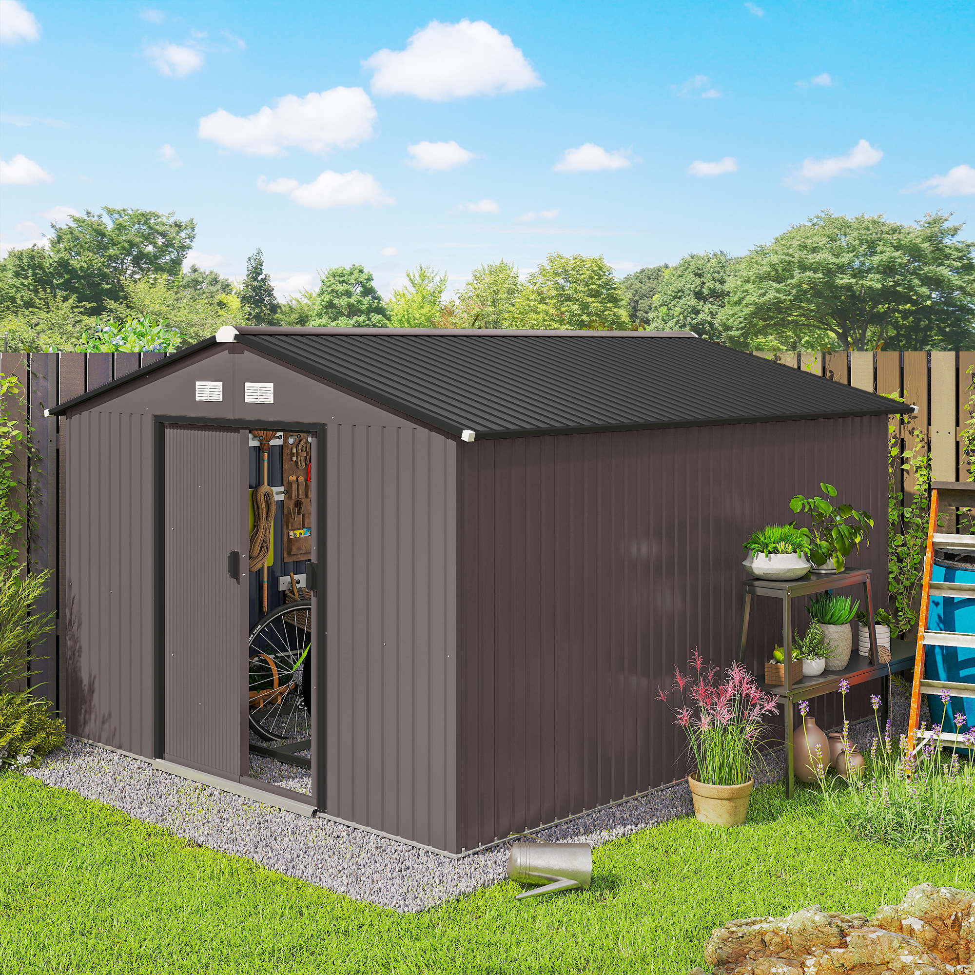 Outsunny 9.1' x 10.6' x 6.3' Garden Storage Shed w/ Foundation Kit Metal Tool Storage House w/ Double Doors Brown Aosom Canada