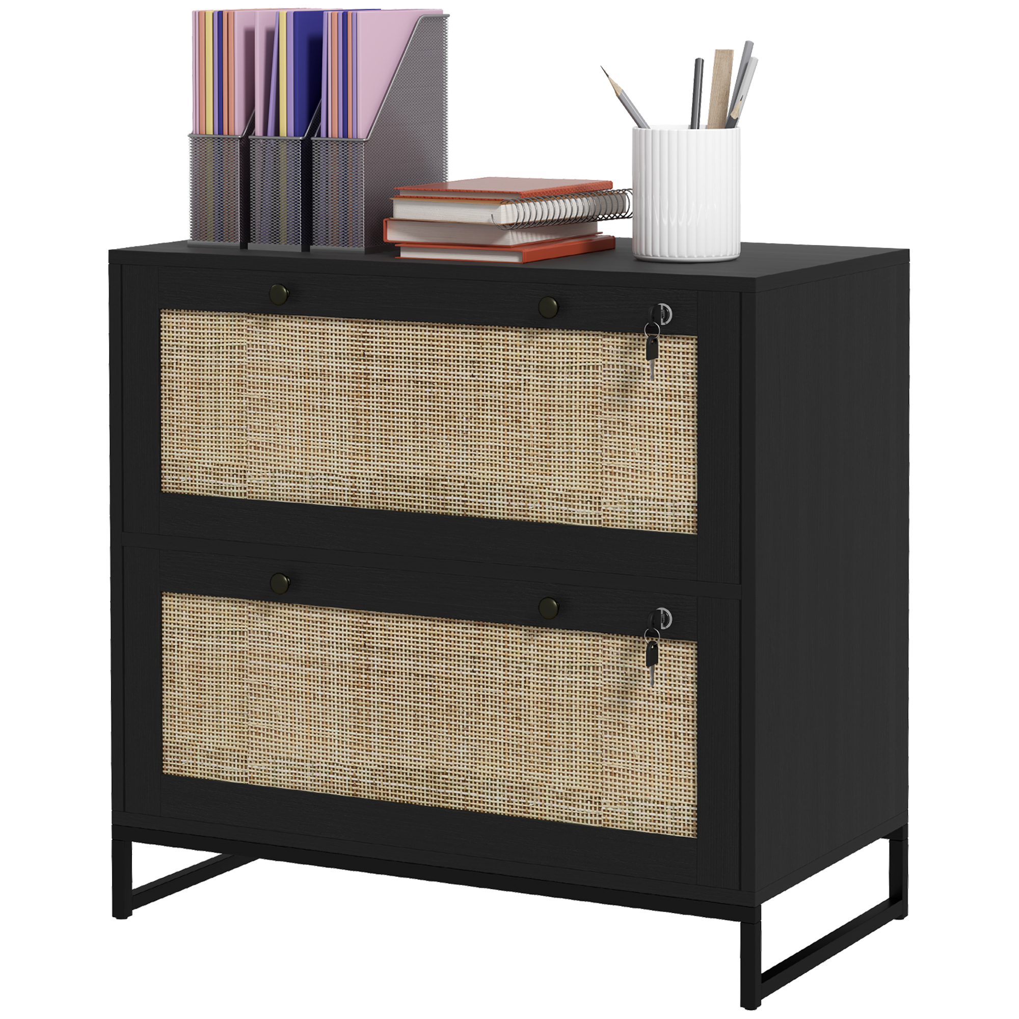 Rattan File Organizer Unit with Adjustable-Height Hanging Bar, 2-Organizer Drawer Document Organizer Unit with Locking, Black 1