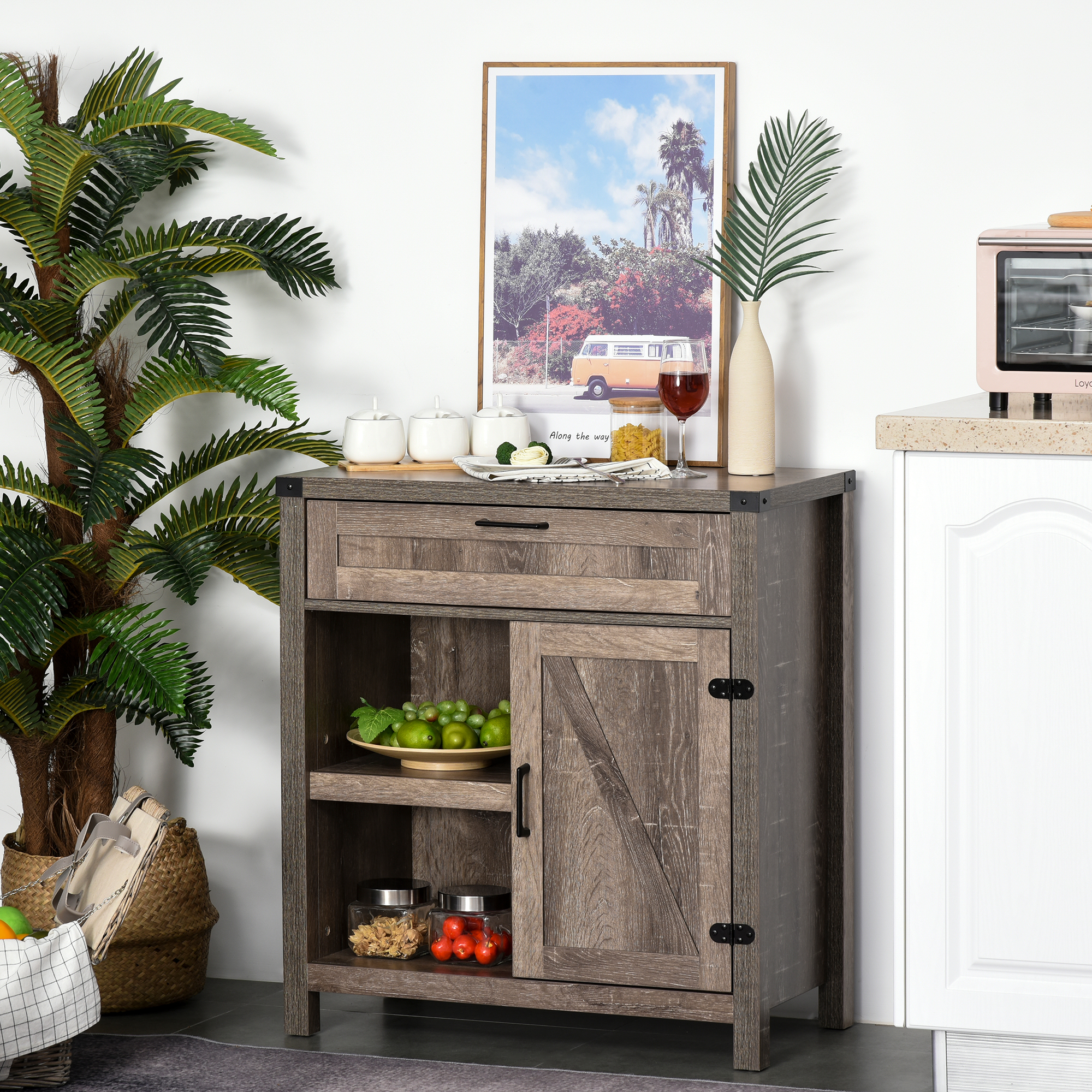 HOMCOM Rustic Buffet Sideboard: Farmhouse Storage Cabinet with Barn Doors for Kitchen/Dining Room, Dark Oak Aosom Canada