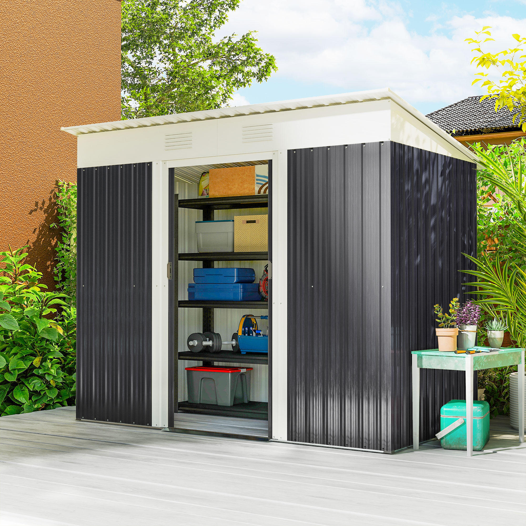 Outsunny 7' x 4' Outdoor Storage Shed with Lockable Sliding Doors