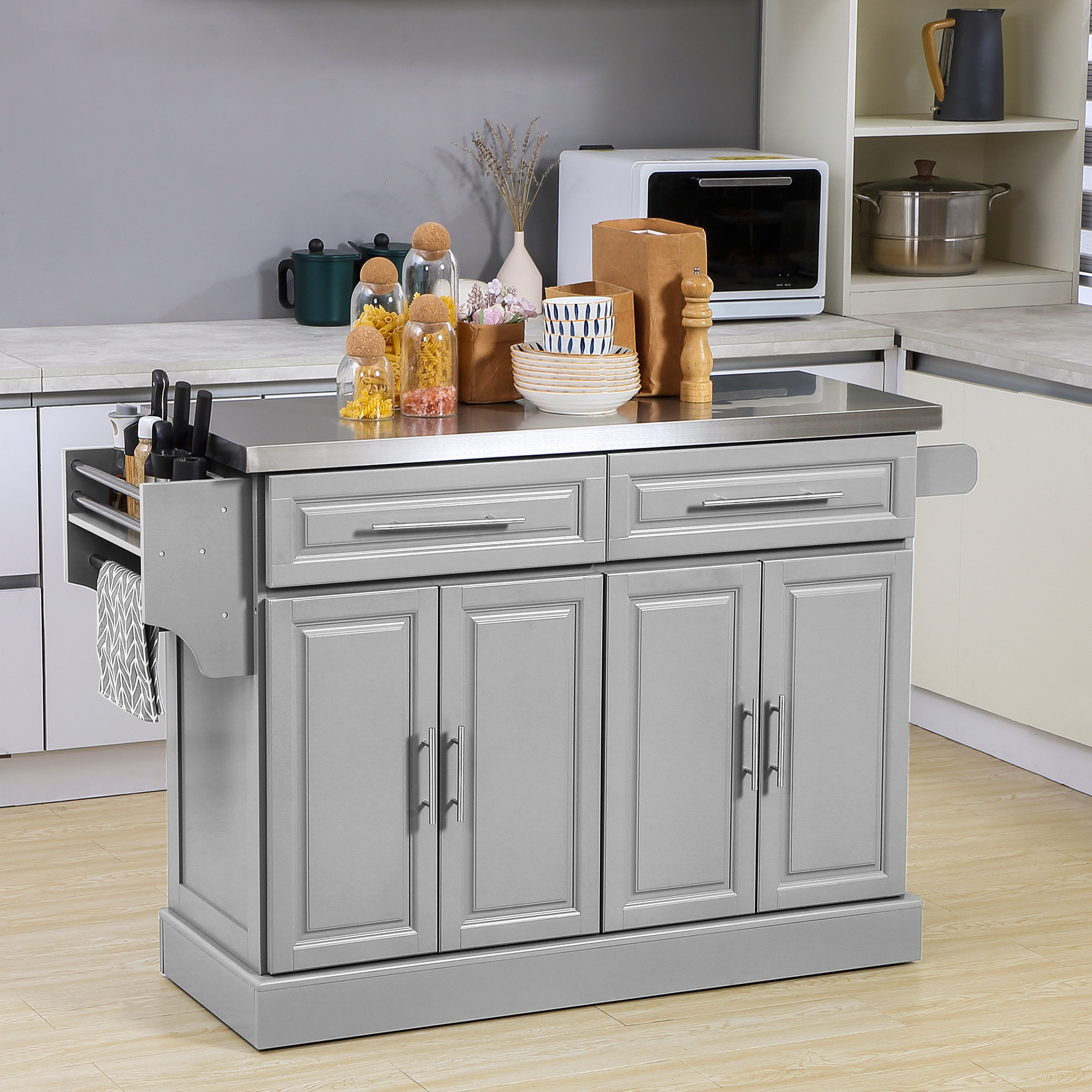 HOMCOM Stainless Steel Kitchen Island with Storage, Kitchen Trolley with Drawers, Cabinets, Towel Rack Grey Aosom Canada