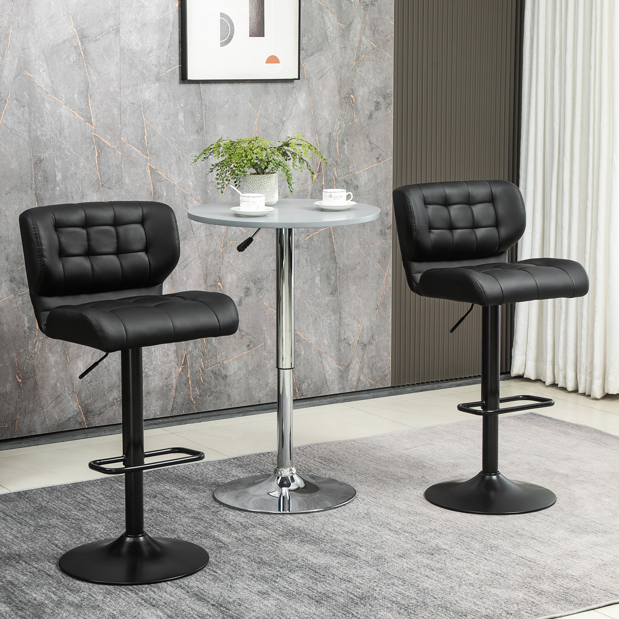 HOMCOM Adjustable Bar Stools Set of 2 Swivel Tufted PU Leather with Footrest and Back Kitchen Counter Black Aosom Canada