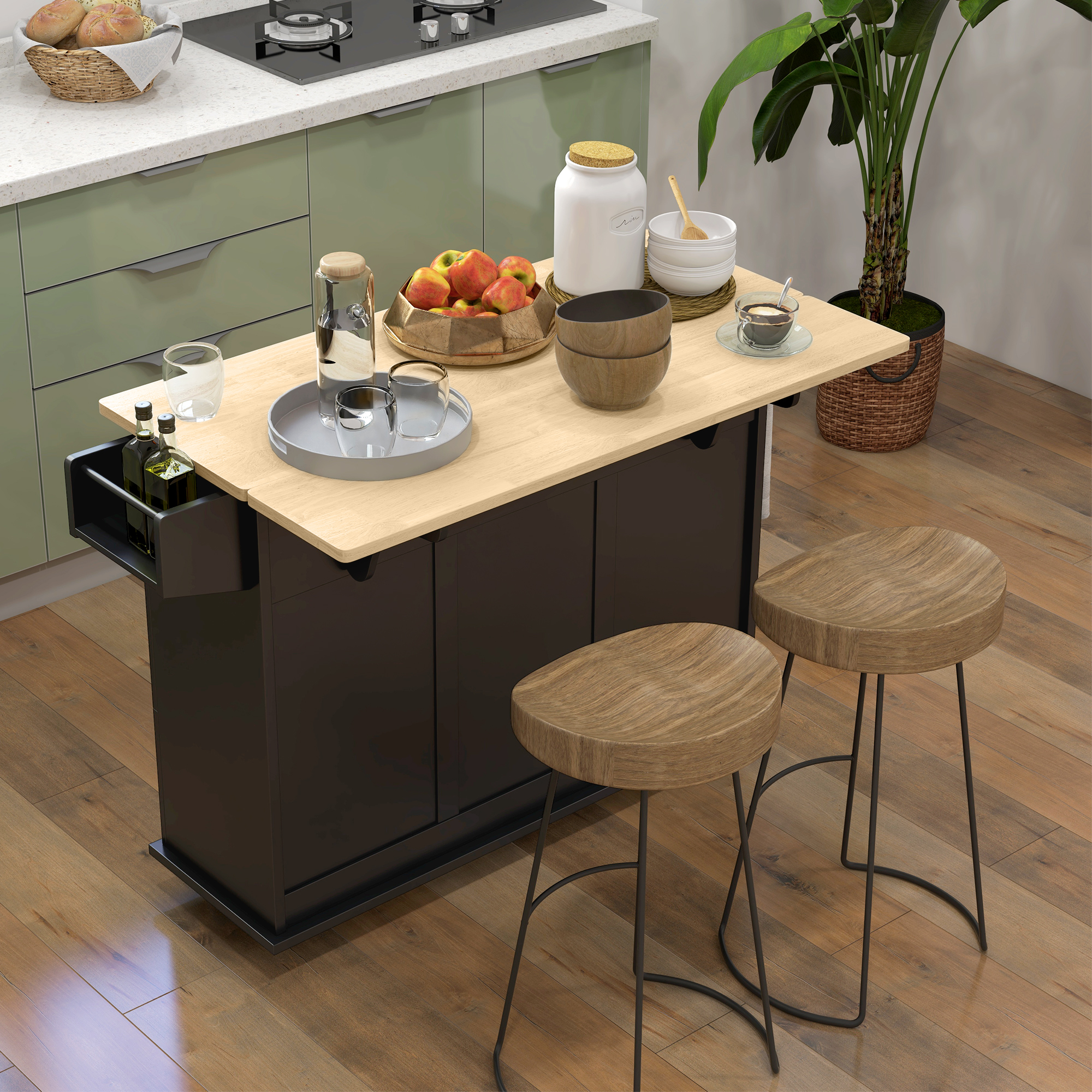HOMCOM Mobile Kitchen Island: On Wheels, Drop Leaf, Drawers, Natural Wood Top, Storage Cart Aosom Canada