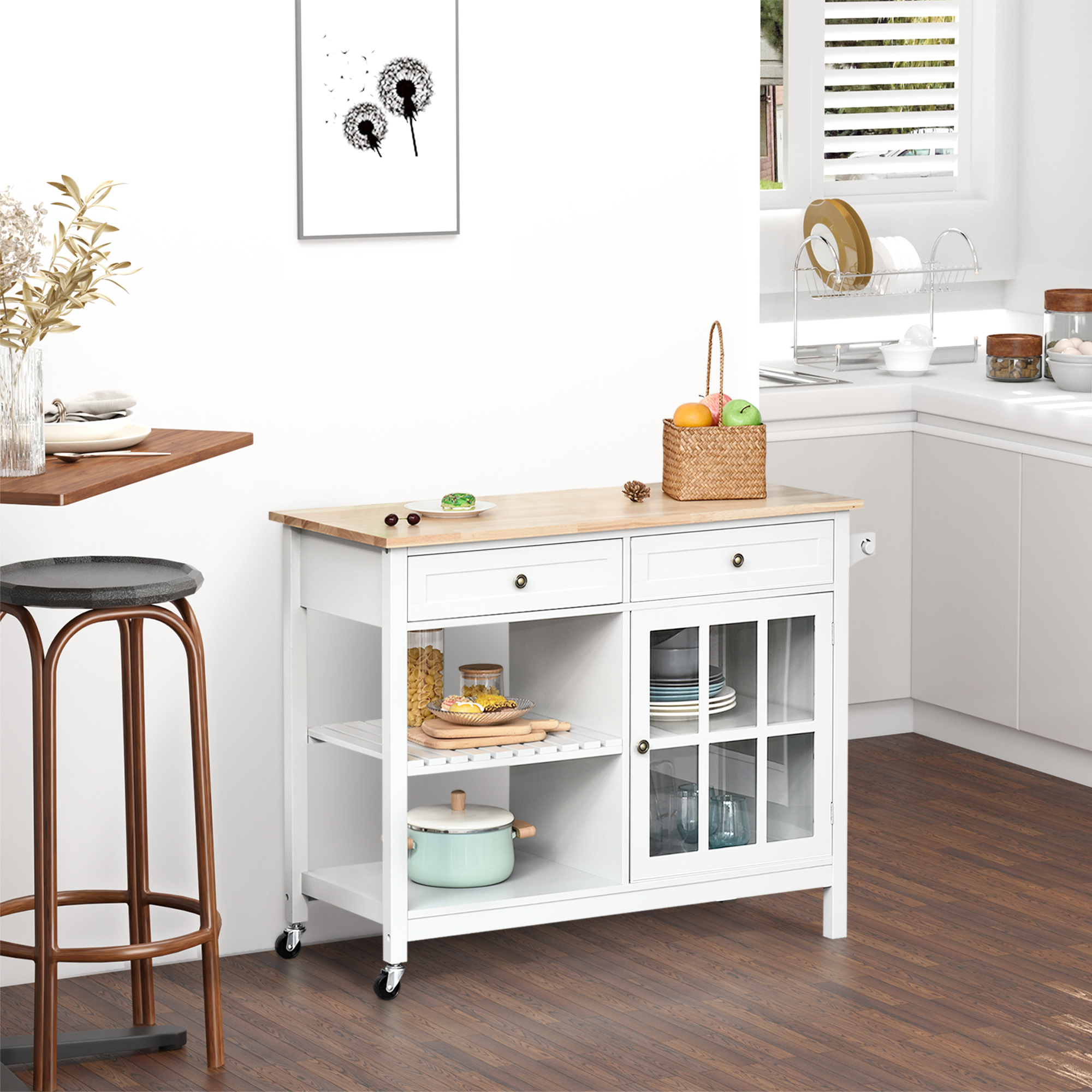 HOMCOM White Kitchen Utility Cart: Rolling Island with Rubber Wood Top, Towel Rack, Cabinets & Drawer Storage Aosom Canada