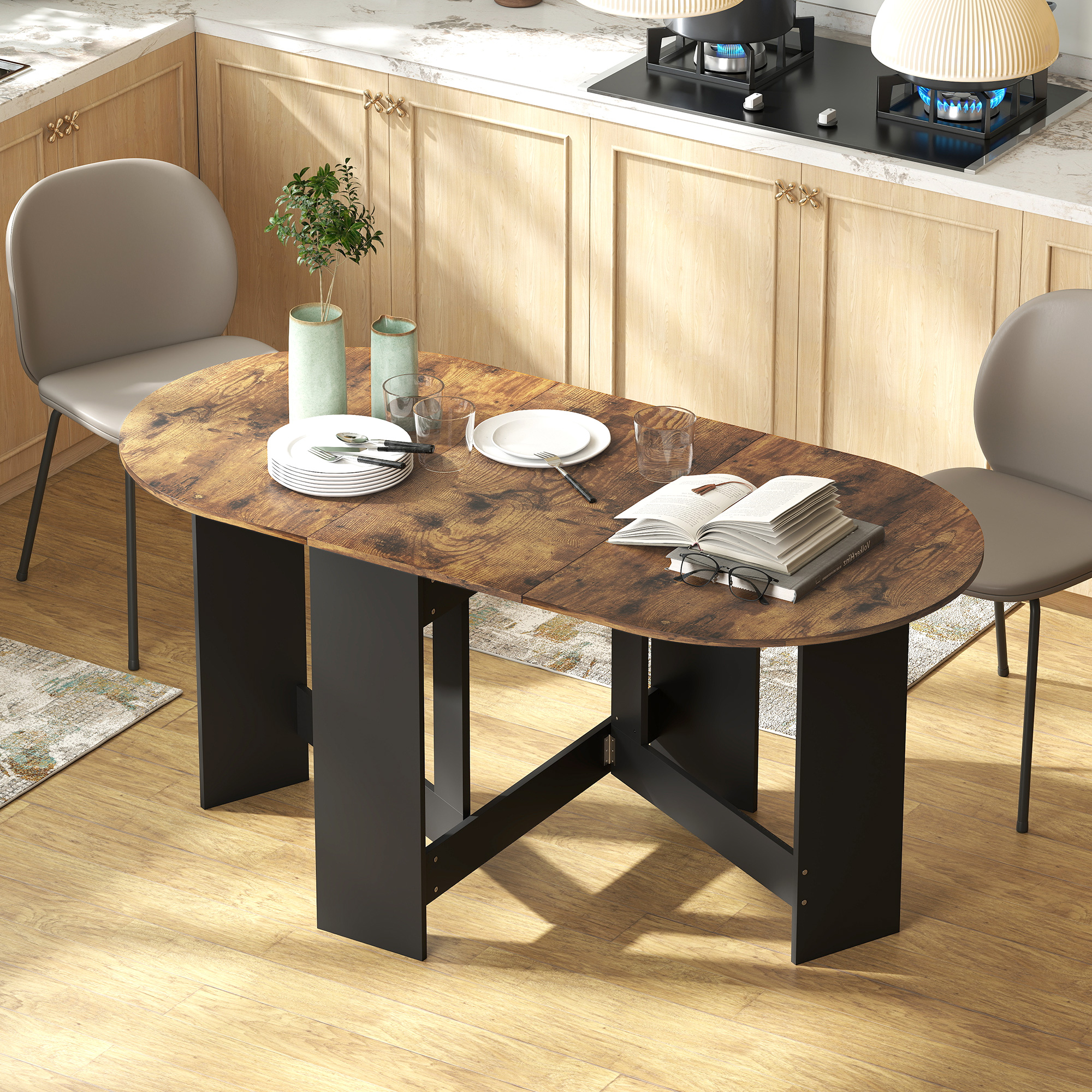HOMCOM Oval Folding Dining Table, Space Saving Drop Leaf Kitchen Table for Dining Room, Living Room, Rustic Brown Aosom Canada