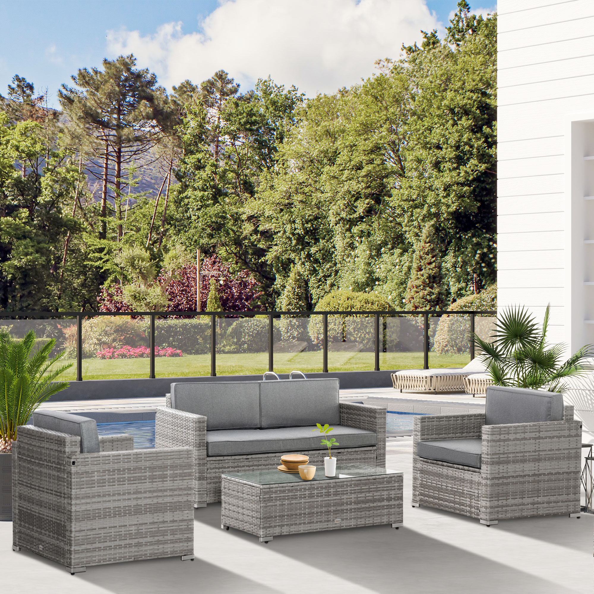 Outsunny 4 Pieces Patio Wicker Sofa Set, Outdoor PE Rattan Extra Wide ...