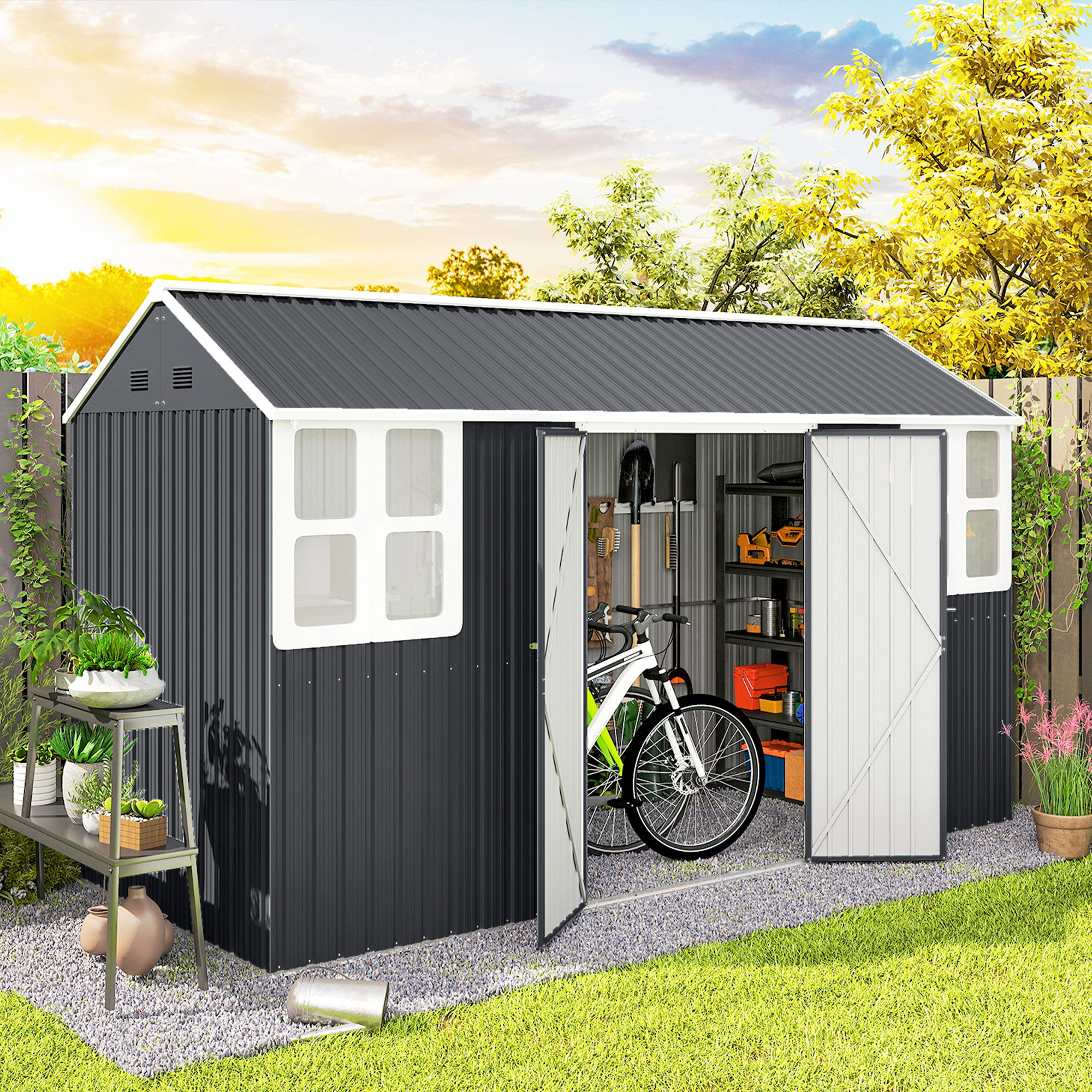 Outsunny 12' x 5.5' Metal Garden Storage Shed, Outdoor Tool