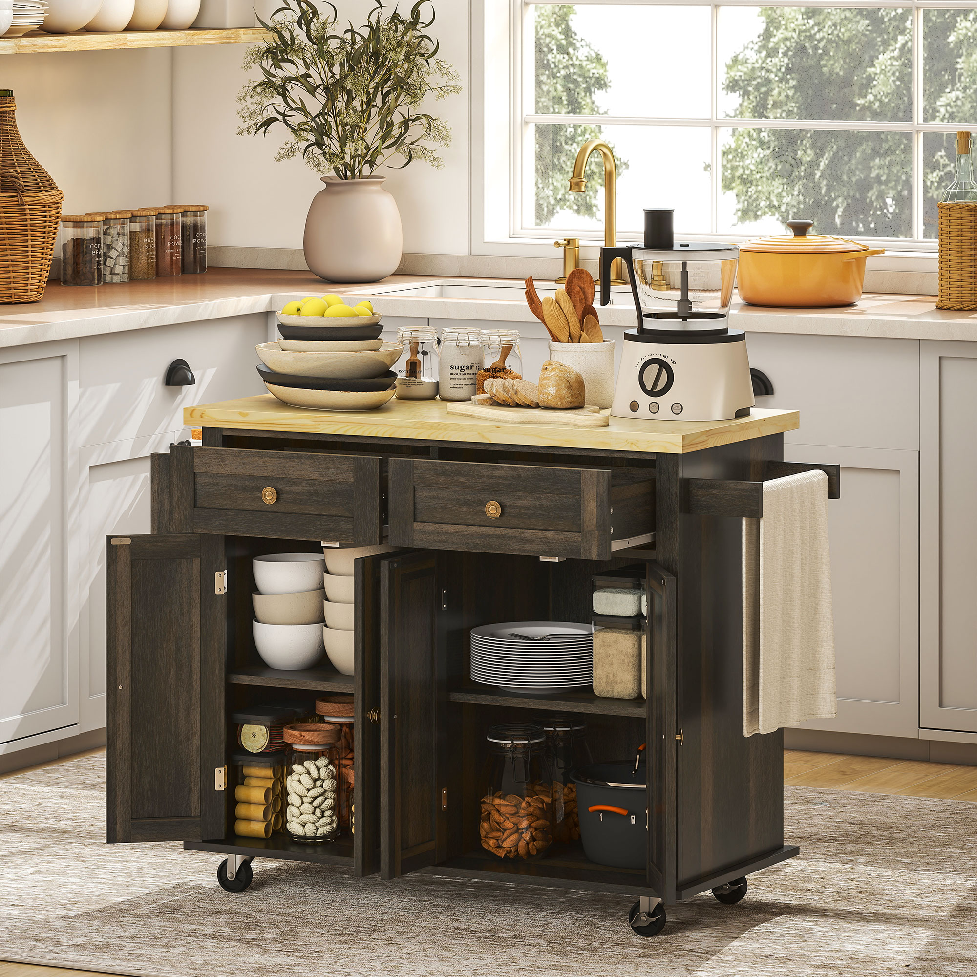 HOMCOM Rustic Kitchen Trolley: Rubber Wood Top, Spice Rack, Towel Rail for Functionality, Oak Brown Aosom Canada