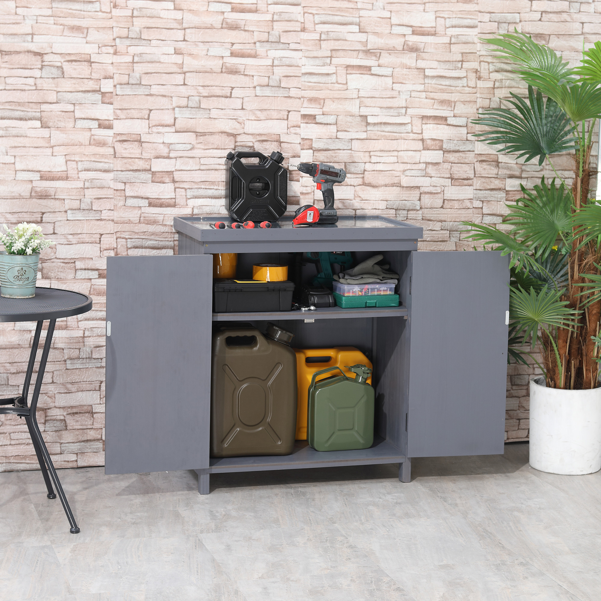 Outsunny Outdoor Storage Cabinet, Outdoor Tool Shed with Galvanized Top and Two Shelves for Yard Pool Accessories, Grey Aosom Canada
