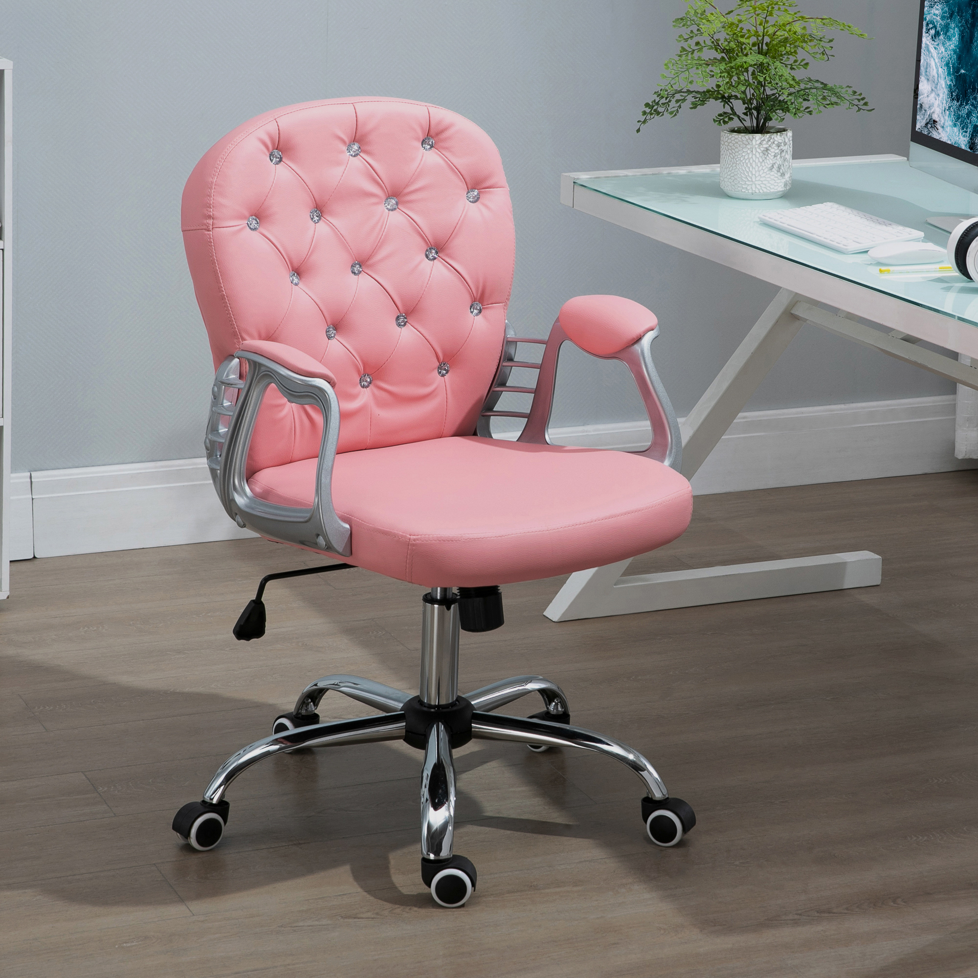 Vinsetto 360° Swivel Office Chair Vanity Style Tufted Backrest Task Chair with Height Adjustable, Armrests and Thick Padding, Pink Aosom Canada