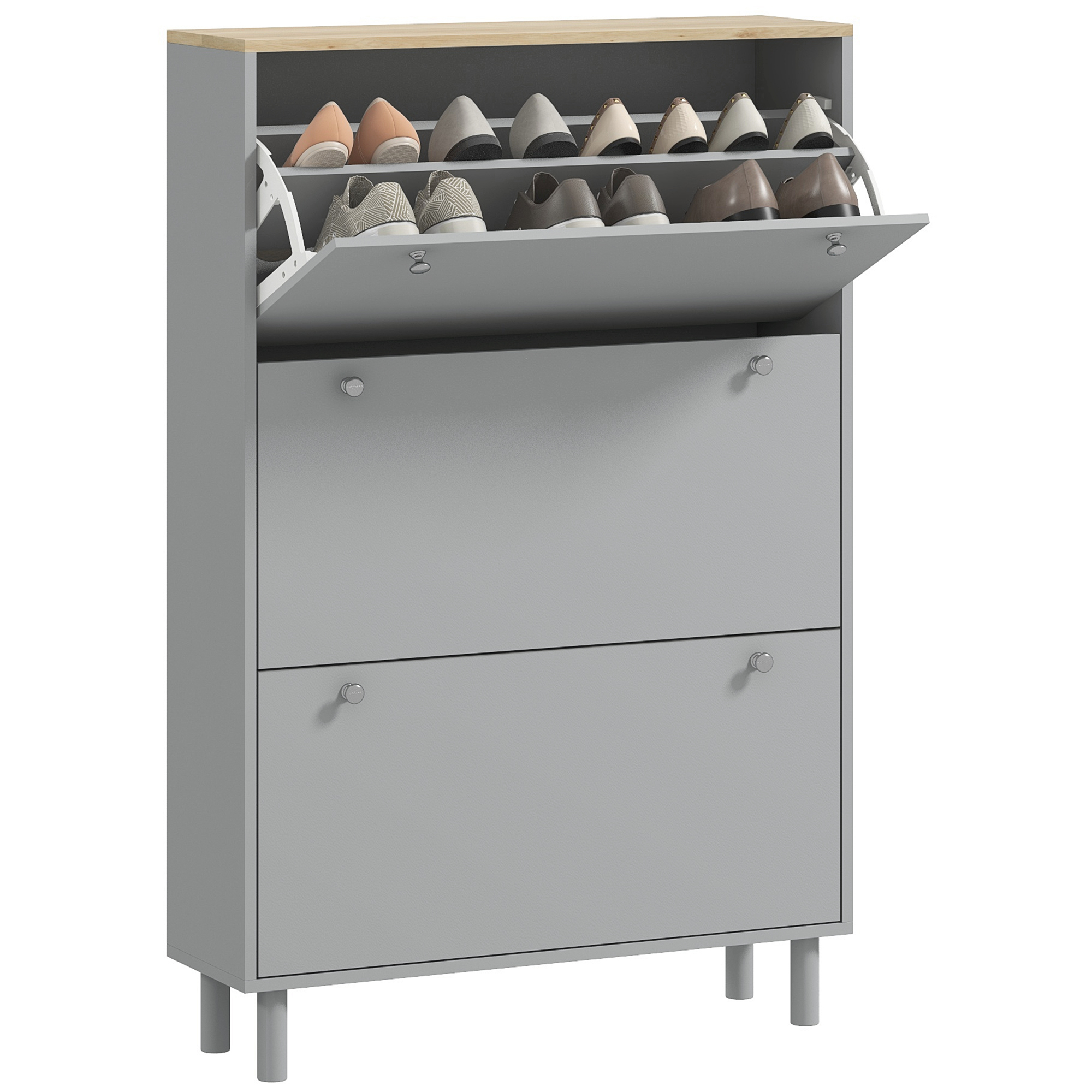 Entryway Footwear Organizer Compact Modern Flip-Flop Footwear Organizer Unit with 3 Flip Drawers Adjustable-Height Shelves for 24 Pairs of Shoes, Grey 1