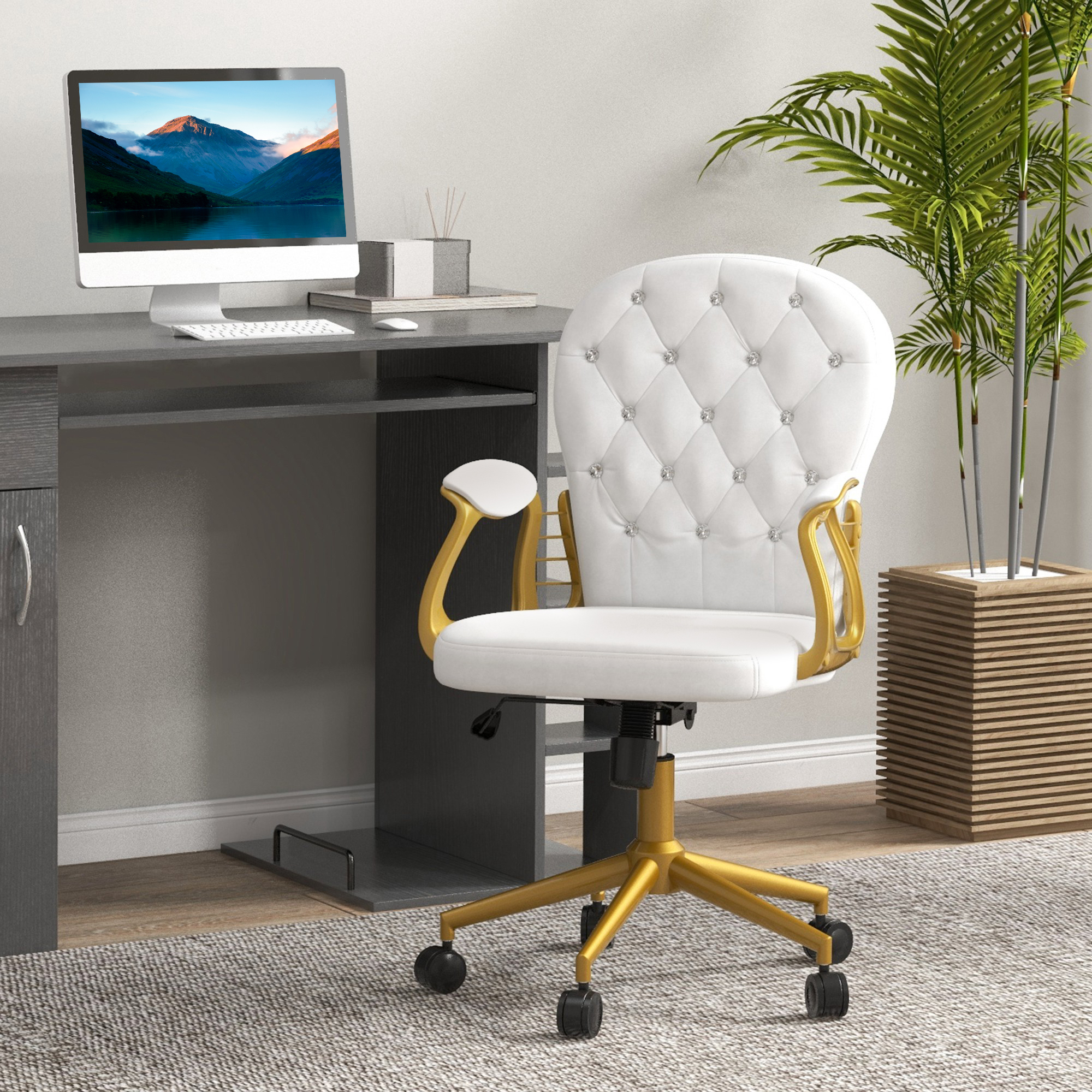 Vinsetto Velvet Desk Chair Button Tufted Swivel Adjustable Height Tilt Function Cream White Aosom Canada