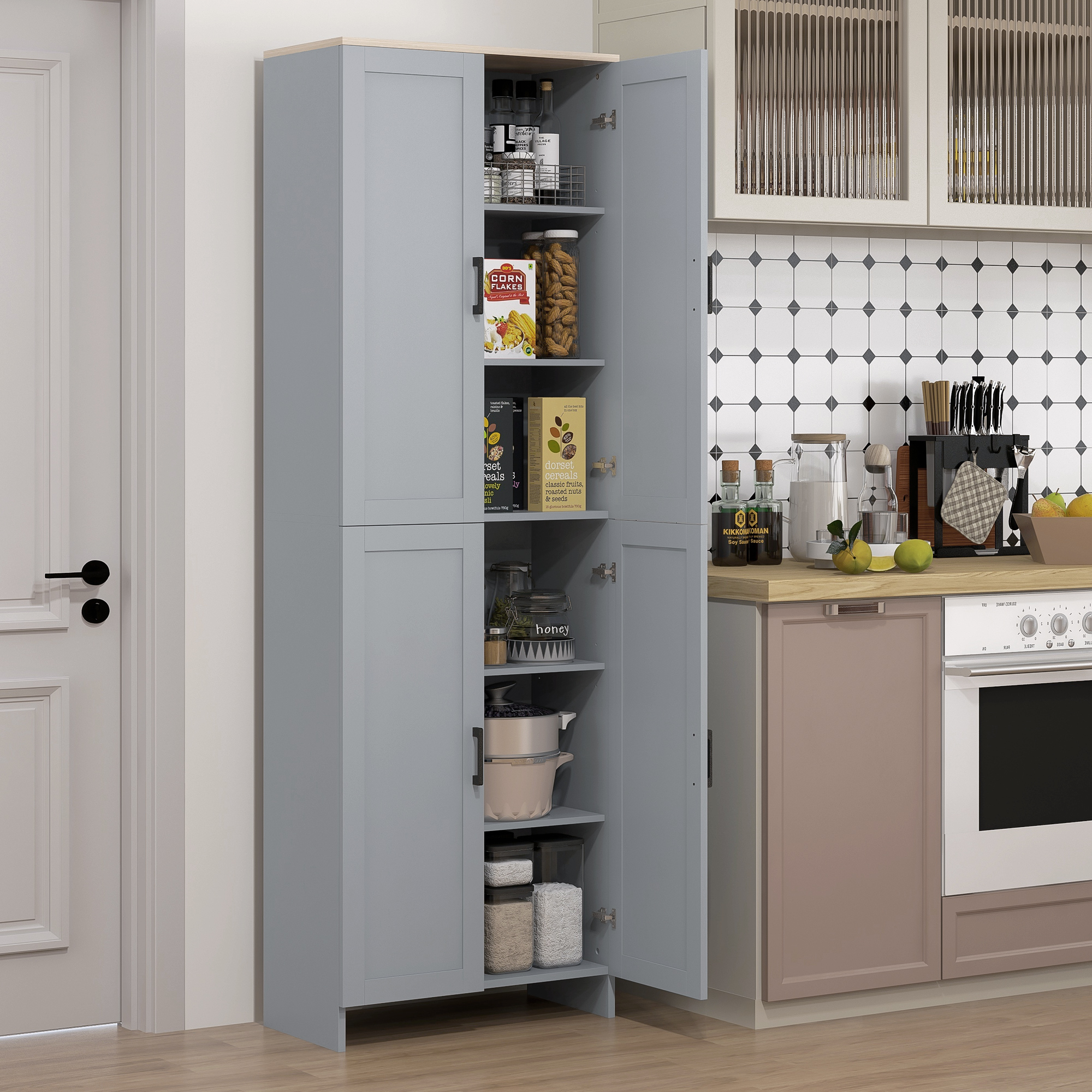 HOMCOM Pantry Pabinet, 67" Freestanding Kitchen Pantry Cabinet with 4-Door Cupboard Adjustable Shelves, Modern Grey Aosom Canada