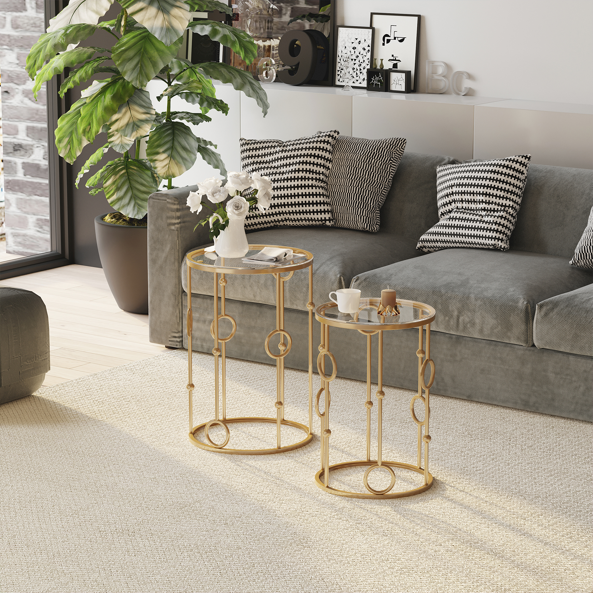 HOMCOM Round Coffee Tables Set of 2, Gold Nesting Side End Tables with ...