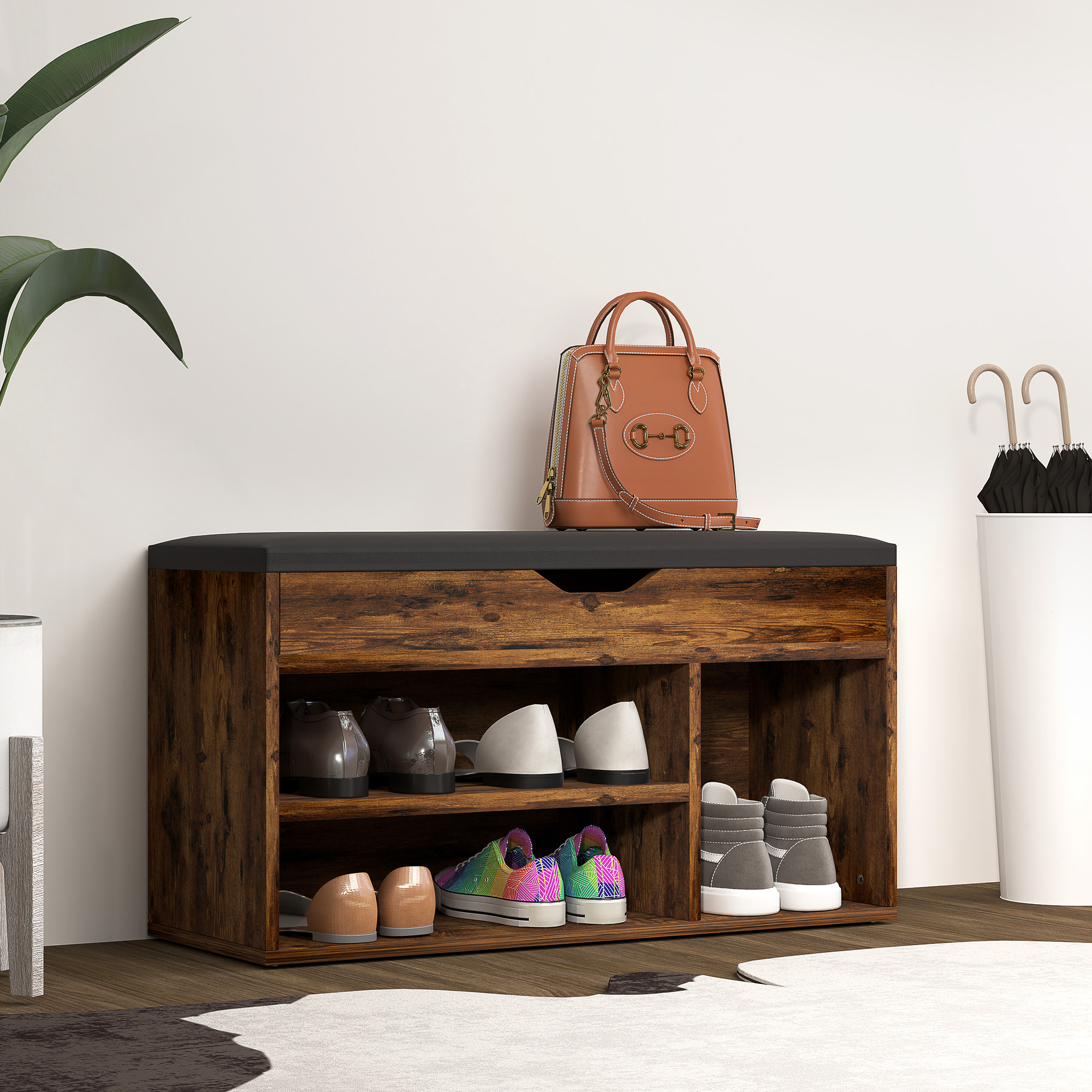 HOMCOM Shoe Bench Entryway Storage Rack with Padded Cushion, Hidden Storage for Hallway, Living Room, Rustic Brown Aosom Canada