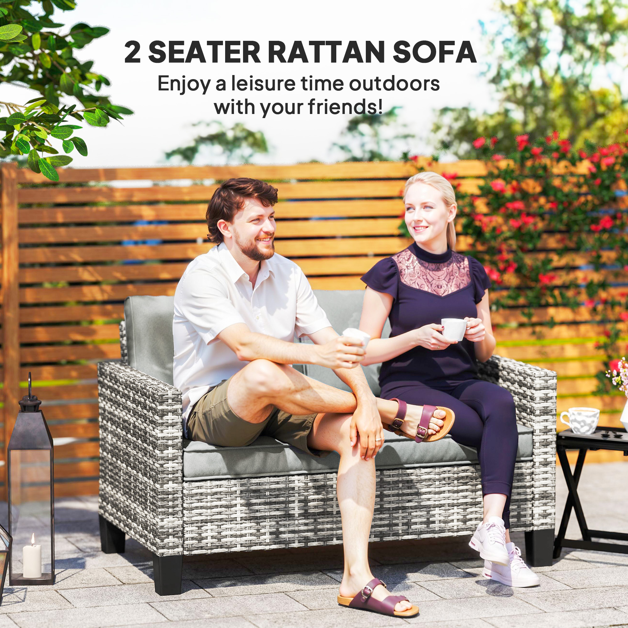 Outsunny 2 Seater Rattan Outdoor Sofa, Patio Couch Loveseat with