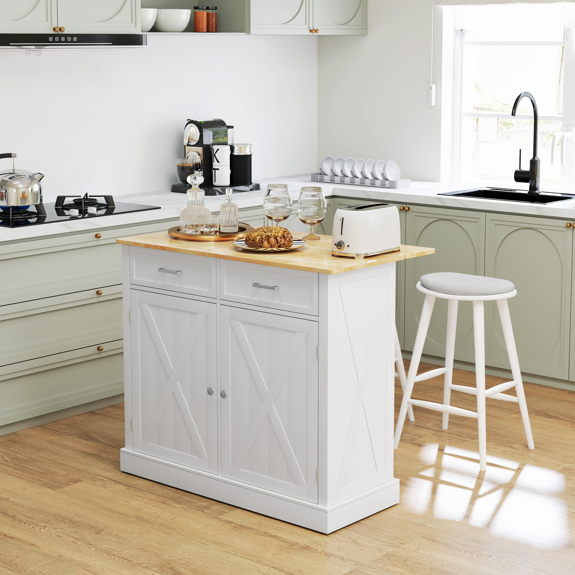 HOMCOM Farmhouse Kitchen Cart Portable Kitchen Island, Drop Leaf, Wood Breakfast Bar, 2 Drawers, Adjustable Shelves, White Aosom Canada