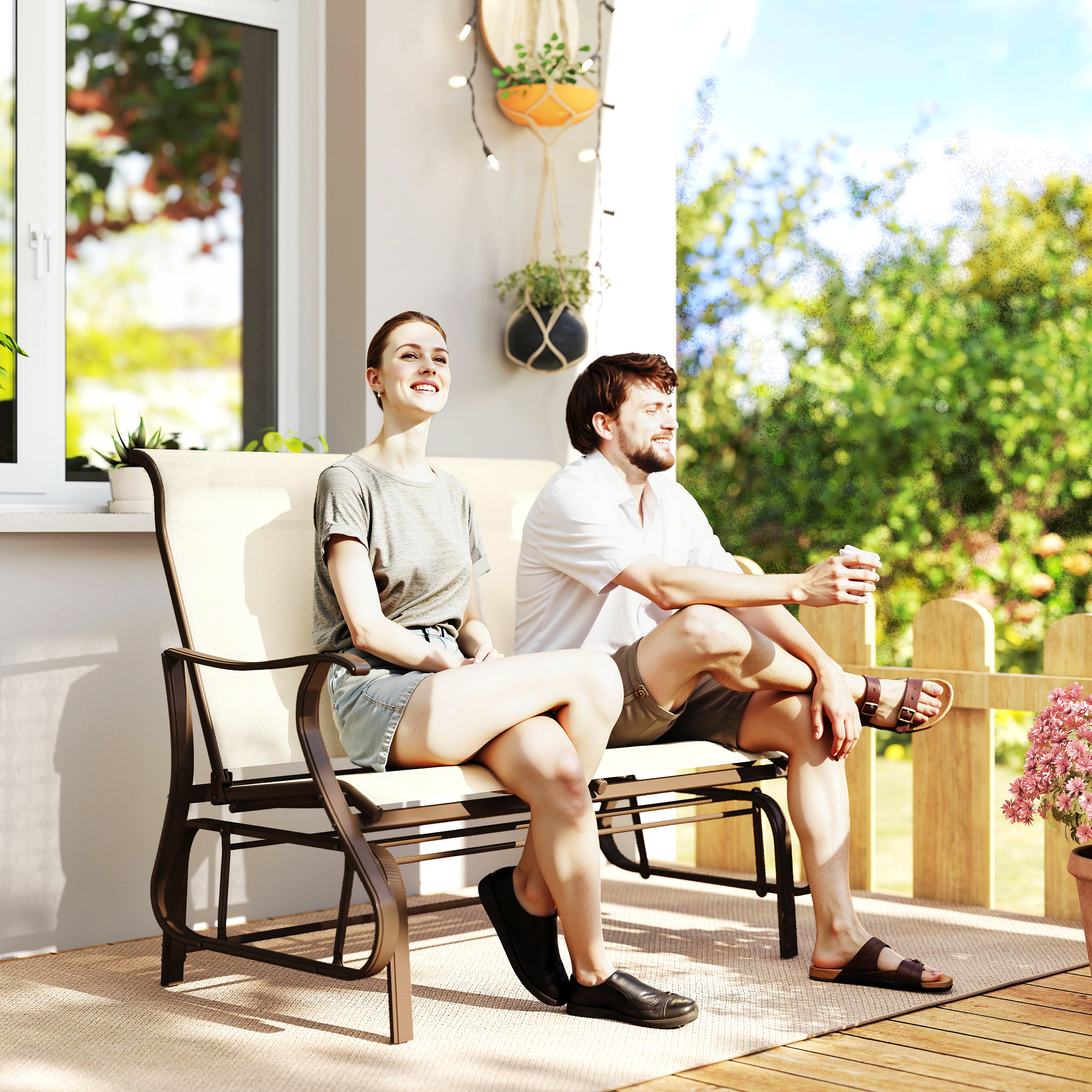 Outsunny Garden Double Gliding Chair, Patio Glider Armchair for Outdoor, Backyard Mesh Seat and Backrest, Steel Frame, Khaki Aosom Canada