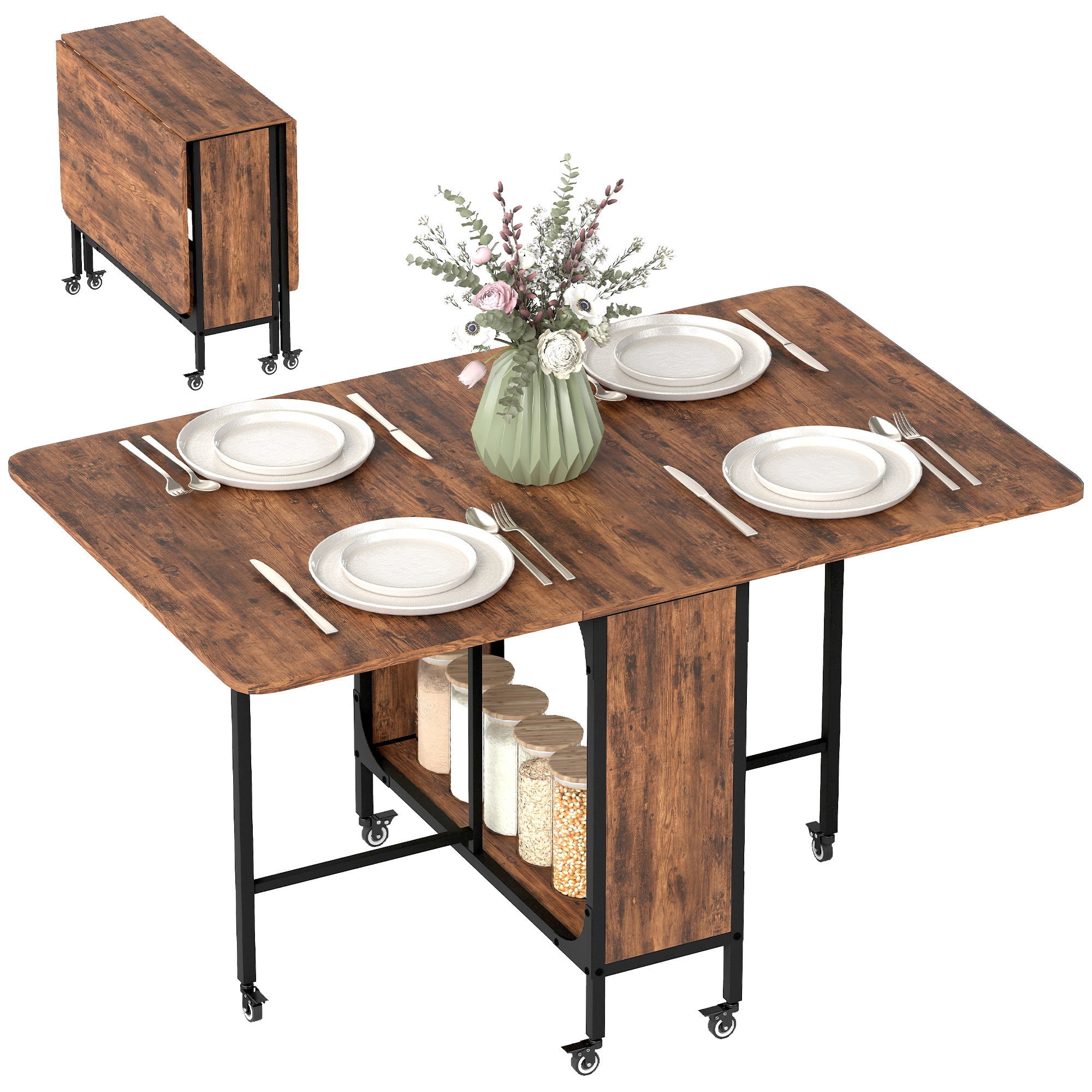 Extendable Cooking Surface for Compact Spaces with Organizer Shelving and 6 Castors, Foldable Meal Surface, Rustic Brown 1