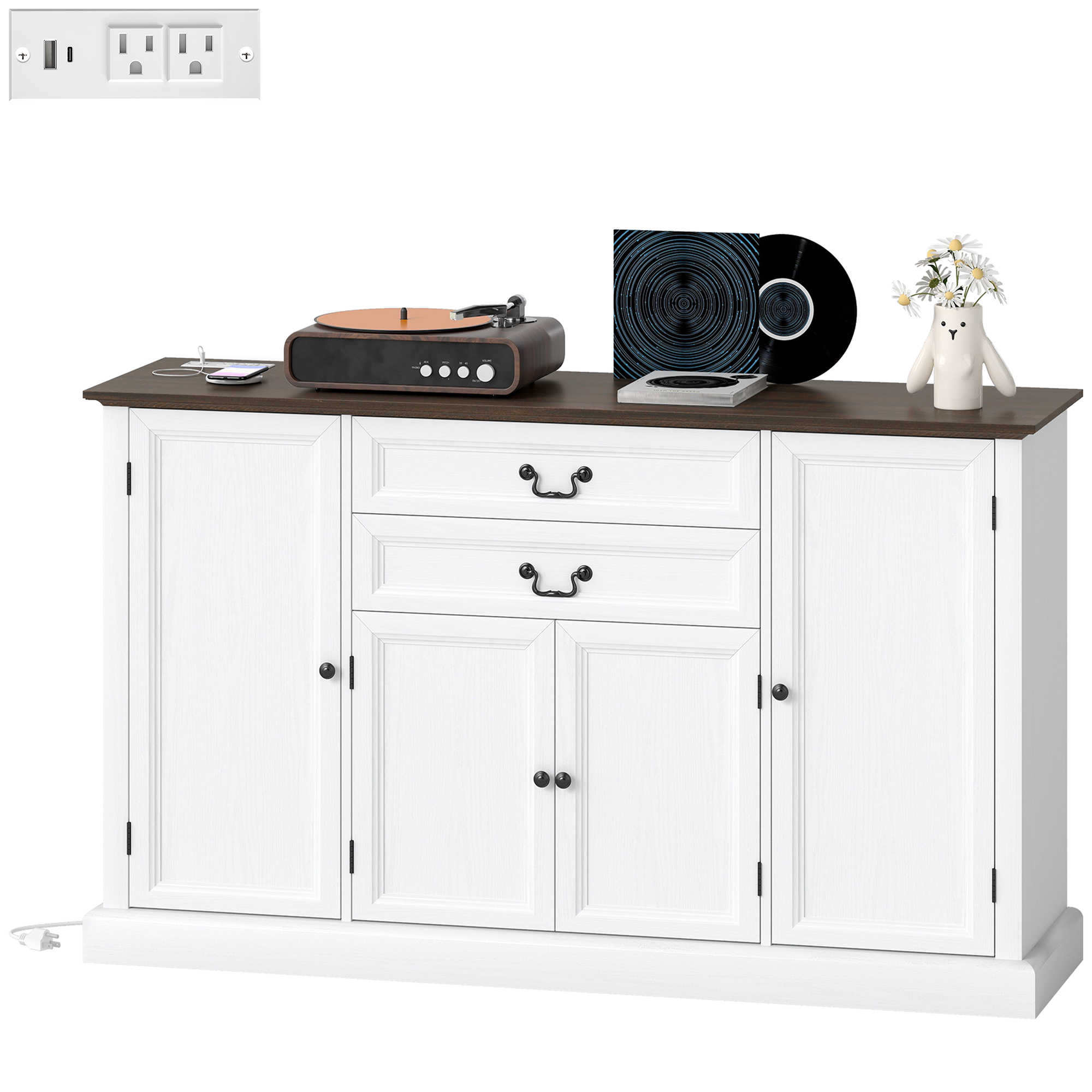 58" Buffet Organizer Unit with 2 Soft-Close Drawers, Farmhouse Sideboard with Power Hub and Thickened Top, White 1