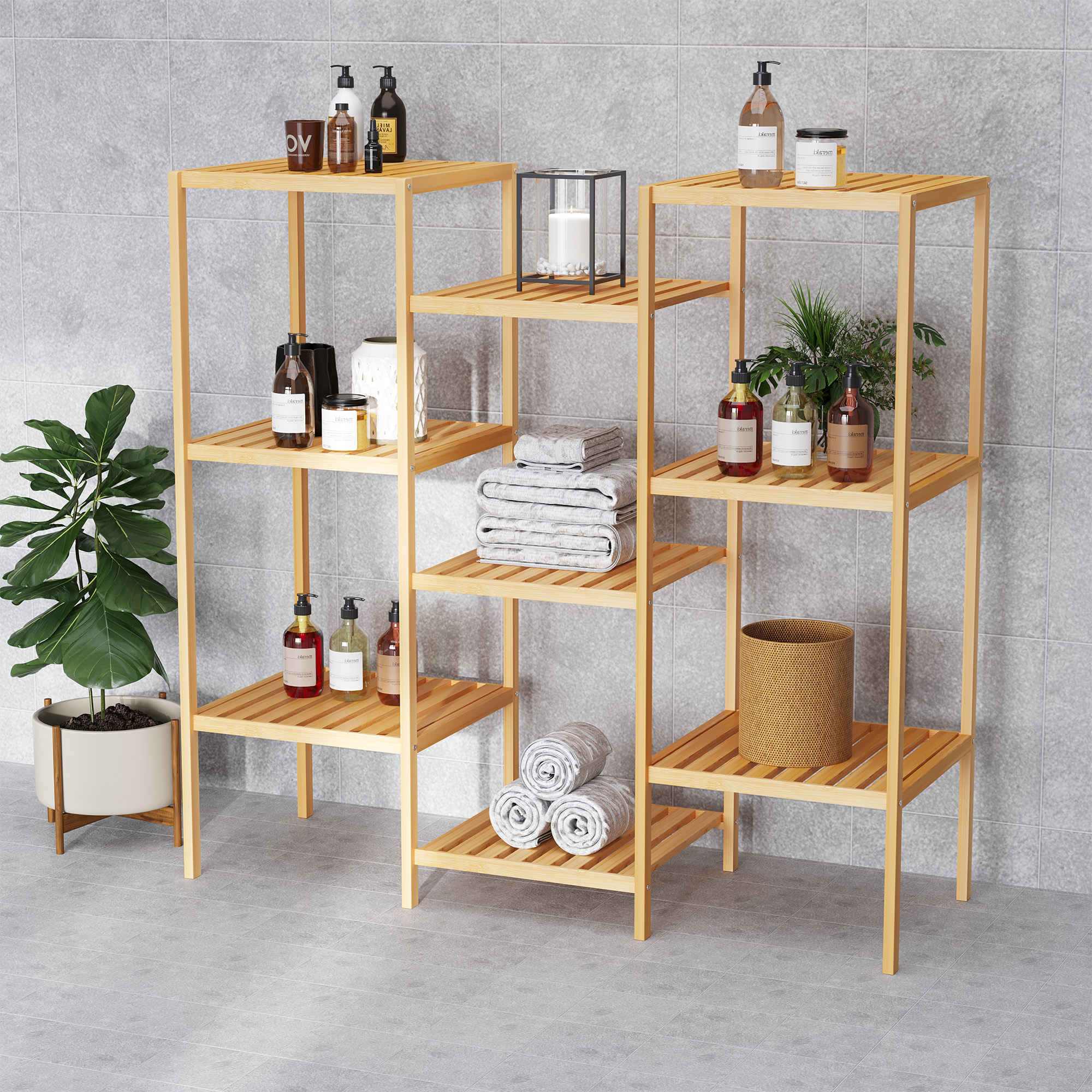 Homcom 9 Tier Bamboo Storage Rack DIY Bamboo Utility Shelf Bathroom ...