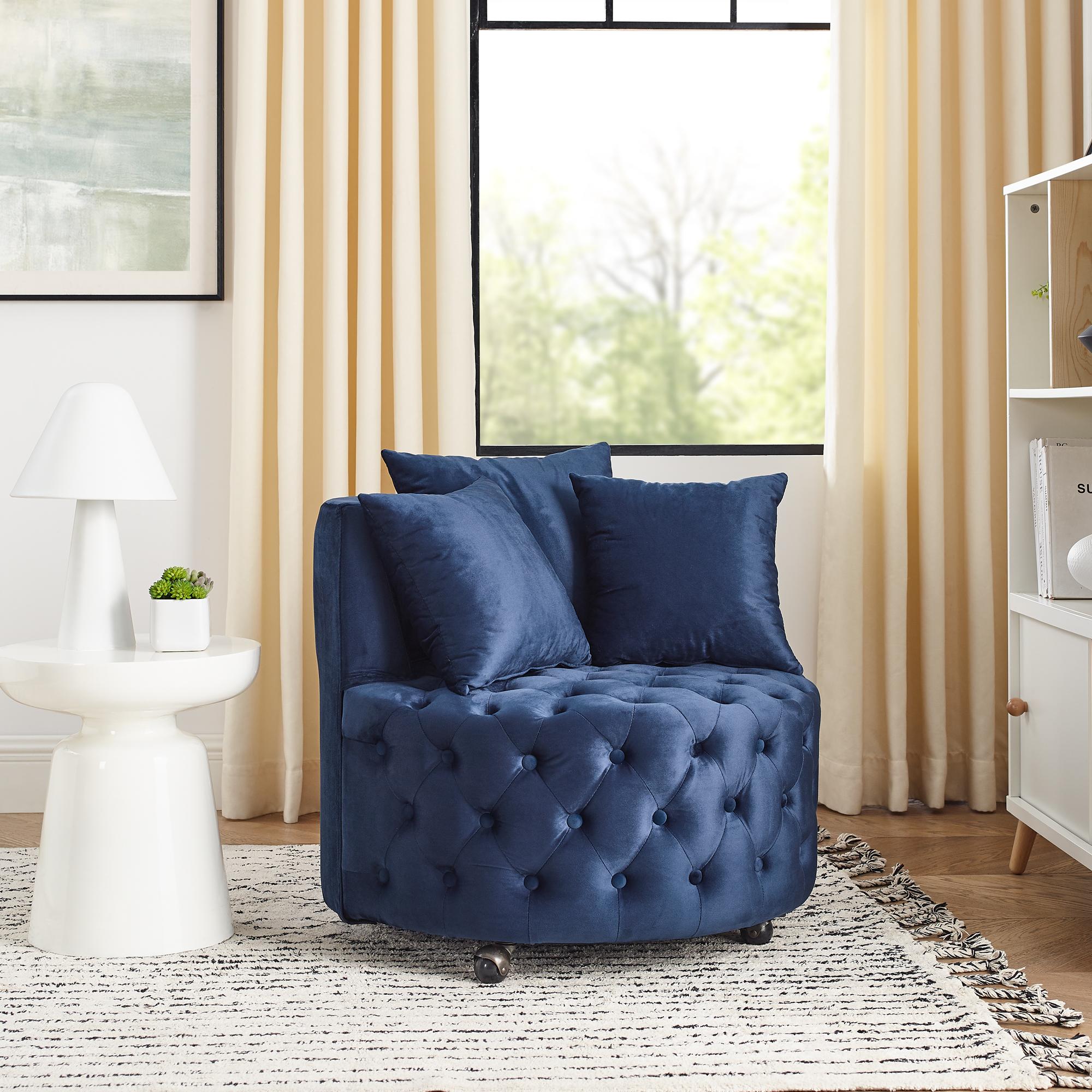 Velvet Upholstered Swivel Chair with Button-Tufted Back, Multi-Density Foam Cushion, Seat with 3 Accent Pillows, 30" L x 30" W x 26" H, Blue