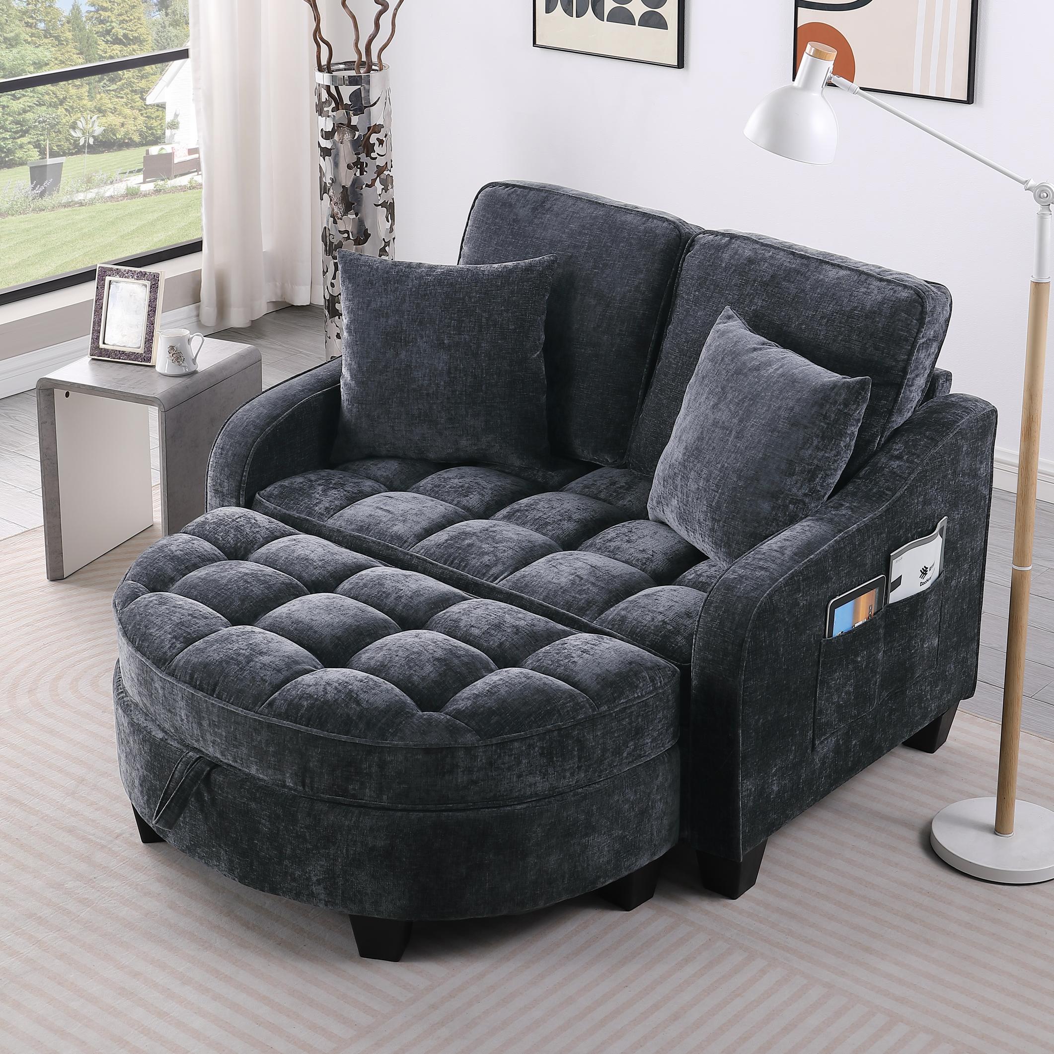 2-Seater Sofa Chaise Lounge with Irregular Curved Armrests, Ergonomic Backrest, Footrest with 2 Throw Pillows, 42.5" L x 32.5" W x 36.5" H, Black