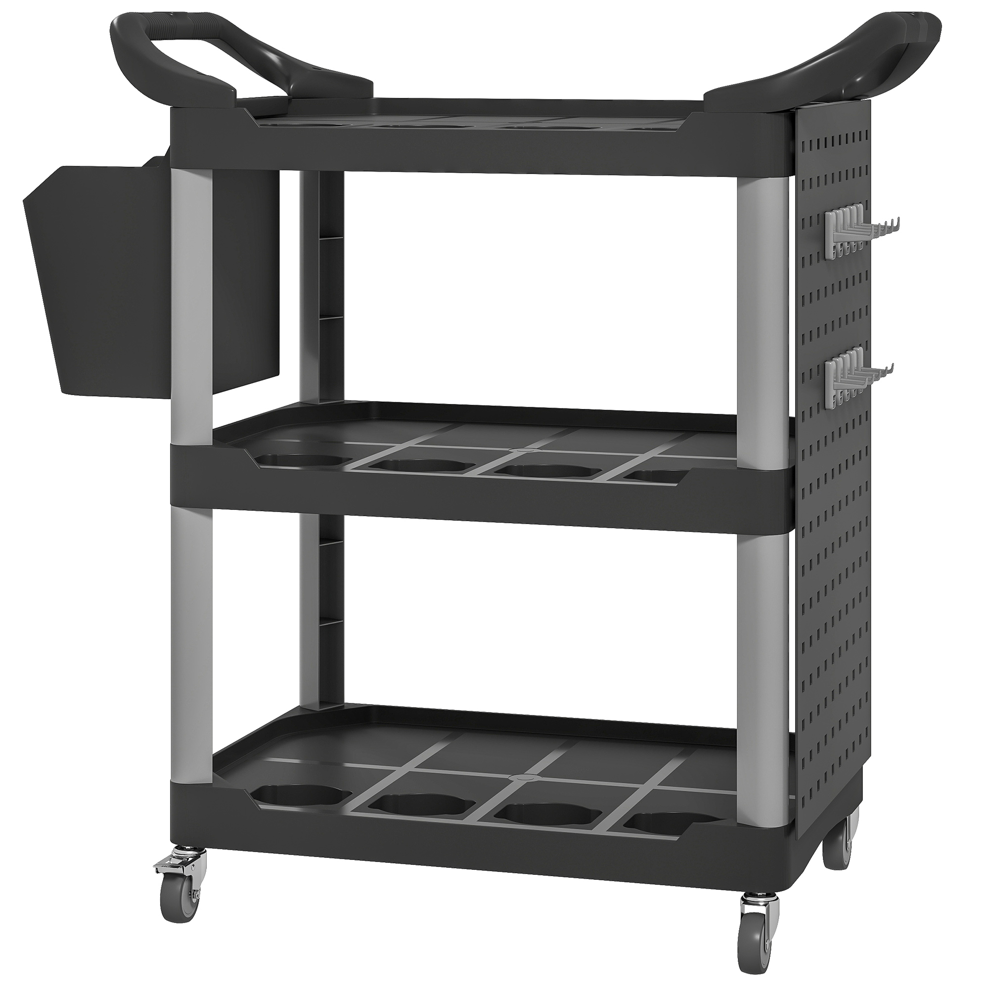 HOMCOM 3-Tier Rolling Tool Cart, 200 LBS Capacity Plastic Utility Cart with Side Shelf and Bucket, Black and Light Gray