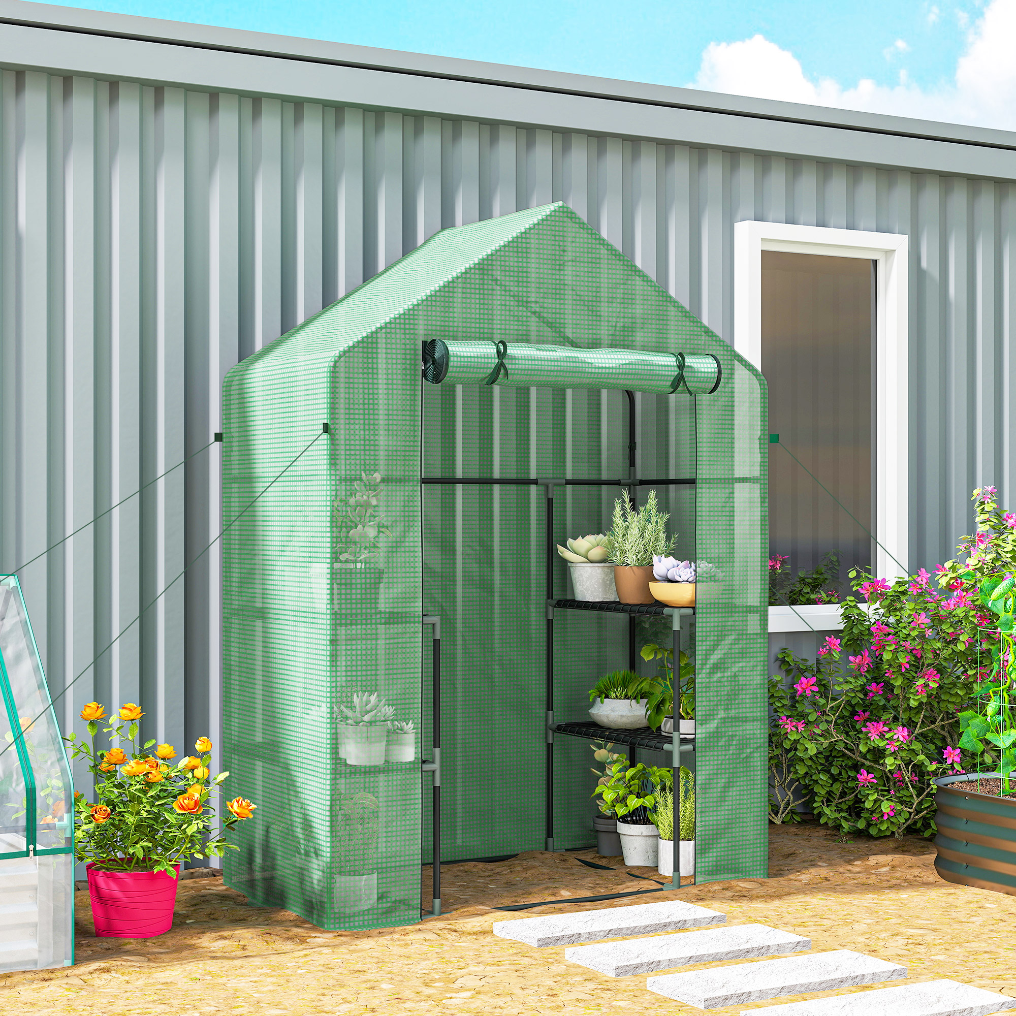 Outsunny Mini Walk-in Grow Room: 556" x 29" x 77" with 4 Shelves Roll-Up Door Weatherized Cover, Deep Green Aosom Canada