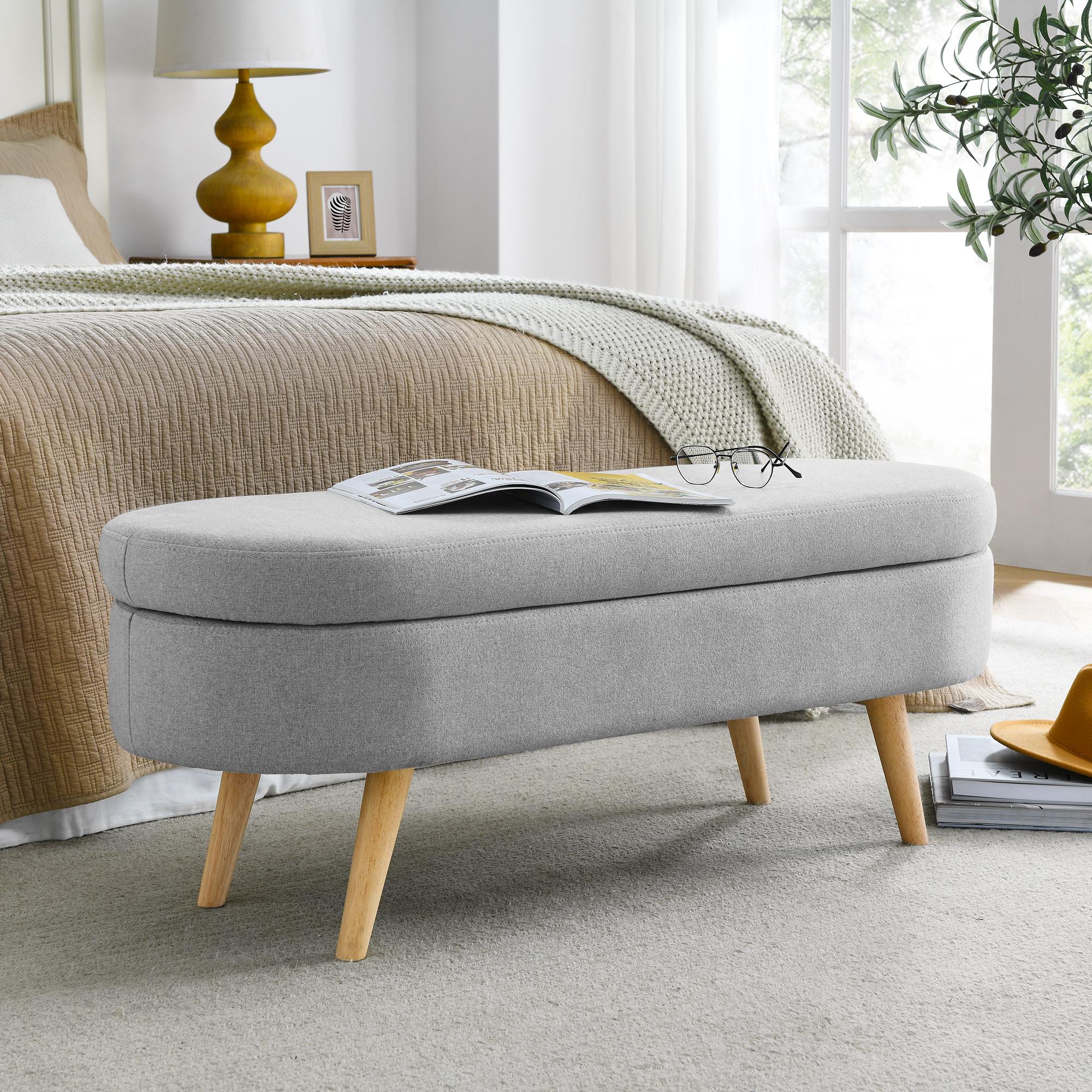 Oval Storage Ottoman Bench with Linen Upholstery