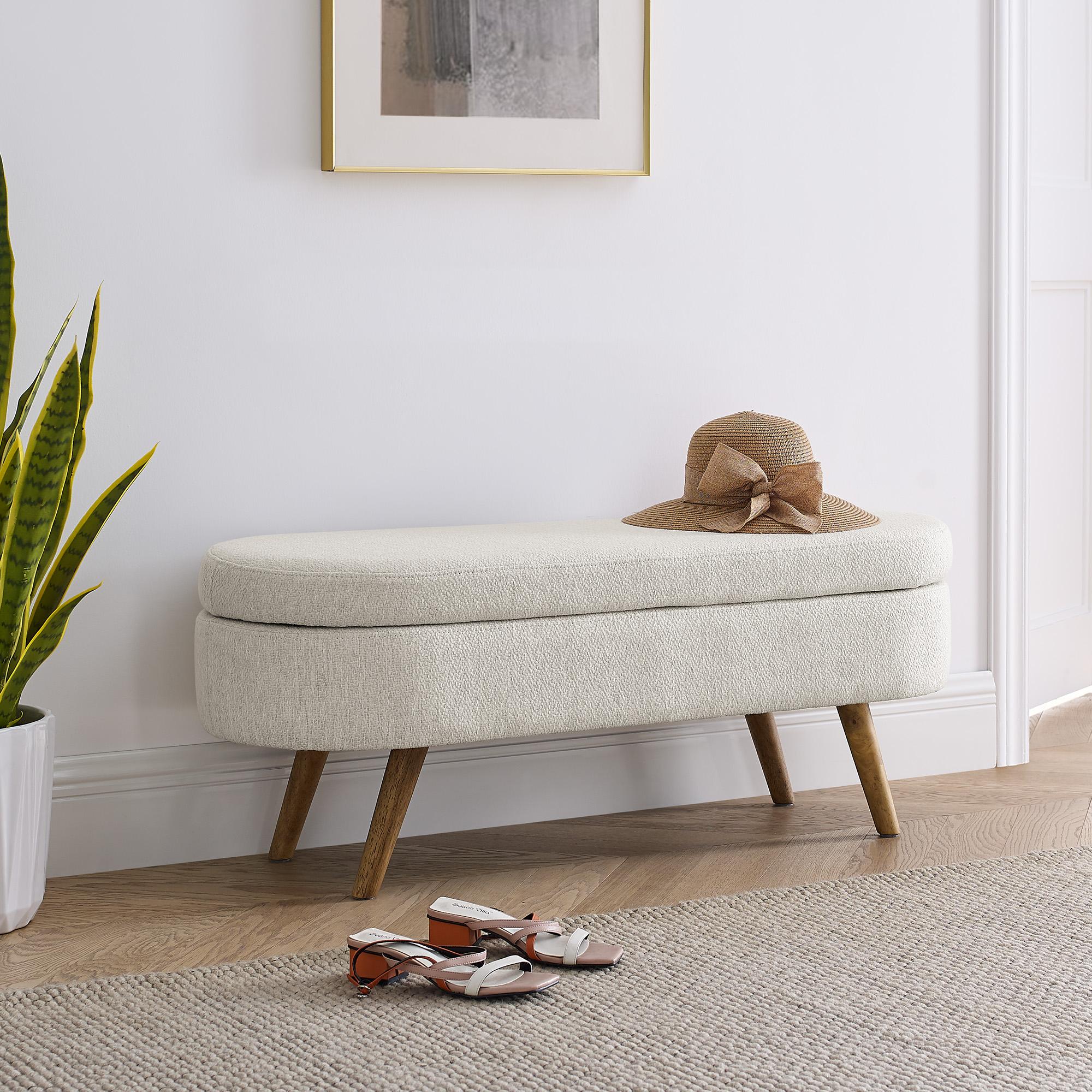 Oval Storage Ottoman with Pleated Linen Fabric