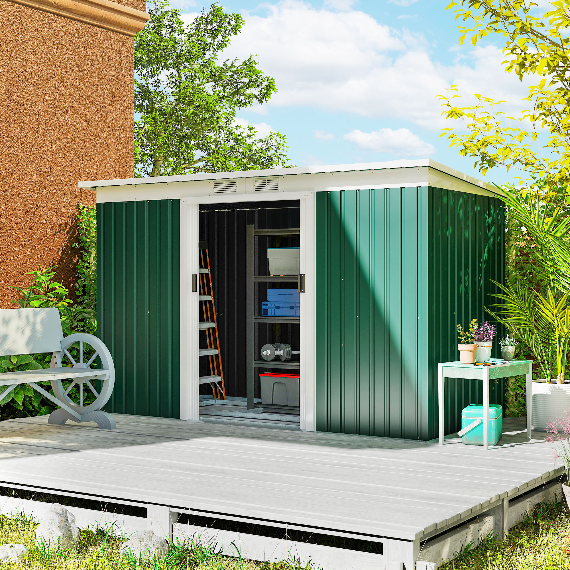 Outsunny 9' x 4' Garden Tool Shed Metal Storage Shed Outdoor Equipment Tool Box with Foundation Kit, Ventilation & Doors, Dark Green Aosom Canada
