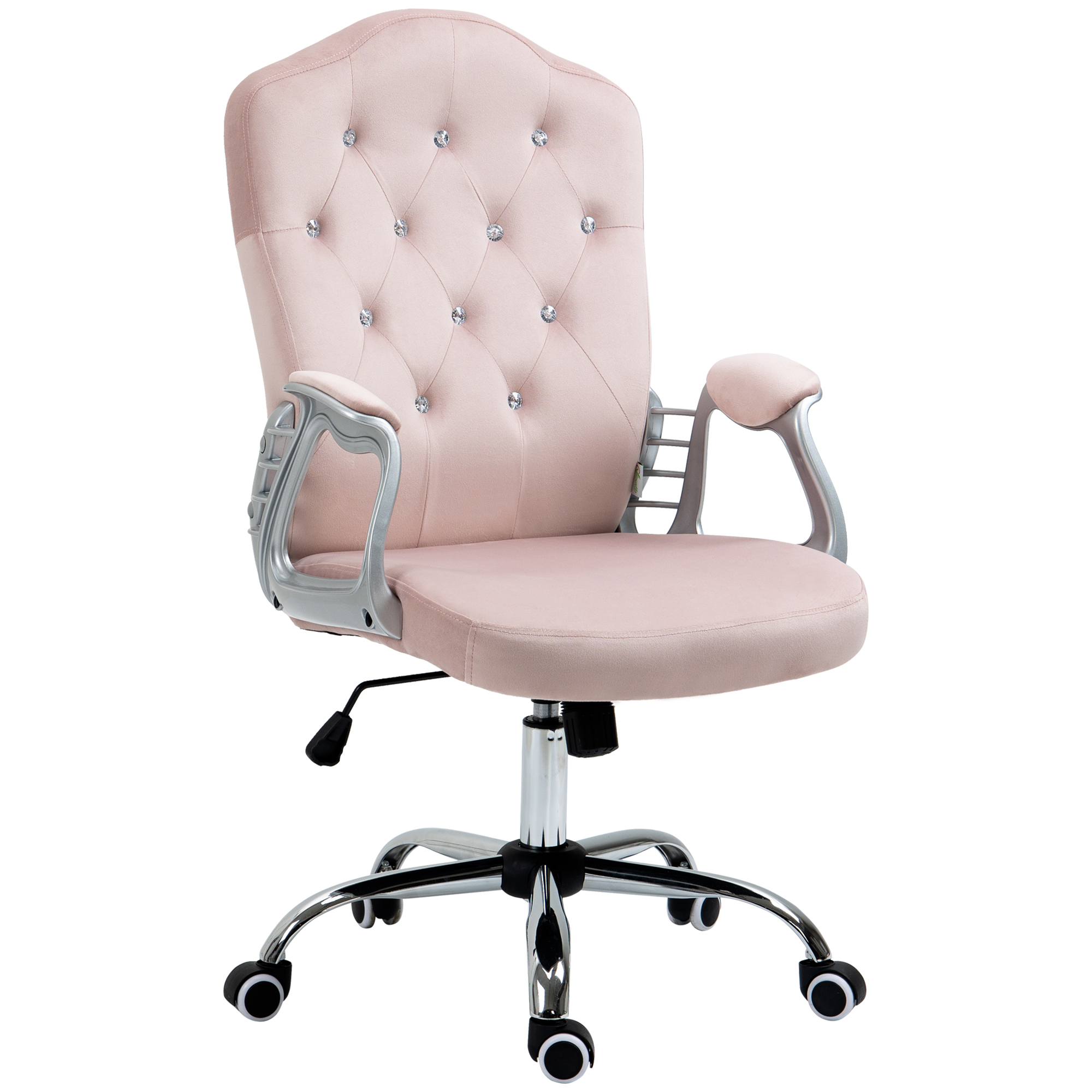 Velvet PC Seating, Workspace Seating, Button Tufted Work Table Seating with Rotating Castors, Adjustable-Height Height, Tilt Function, Pink 1