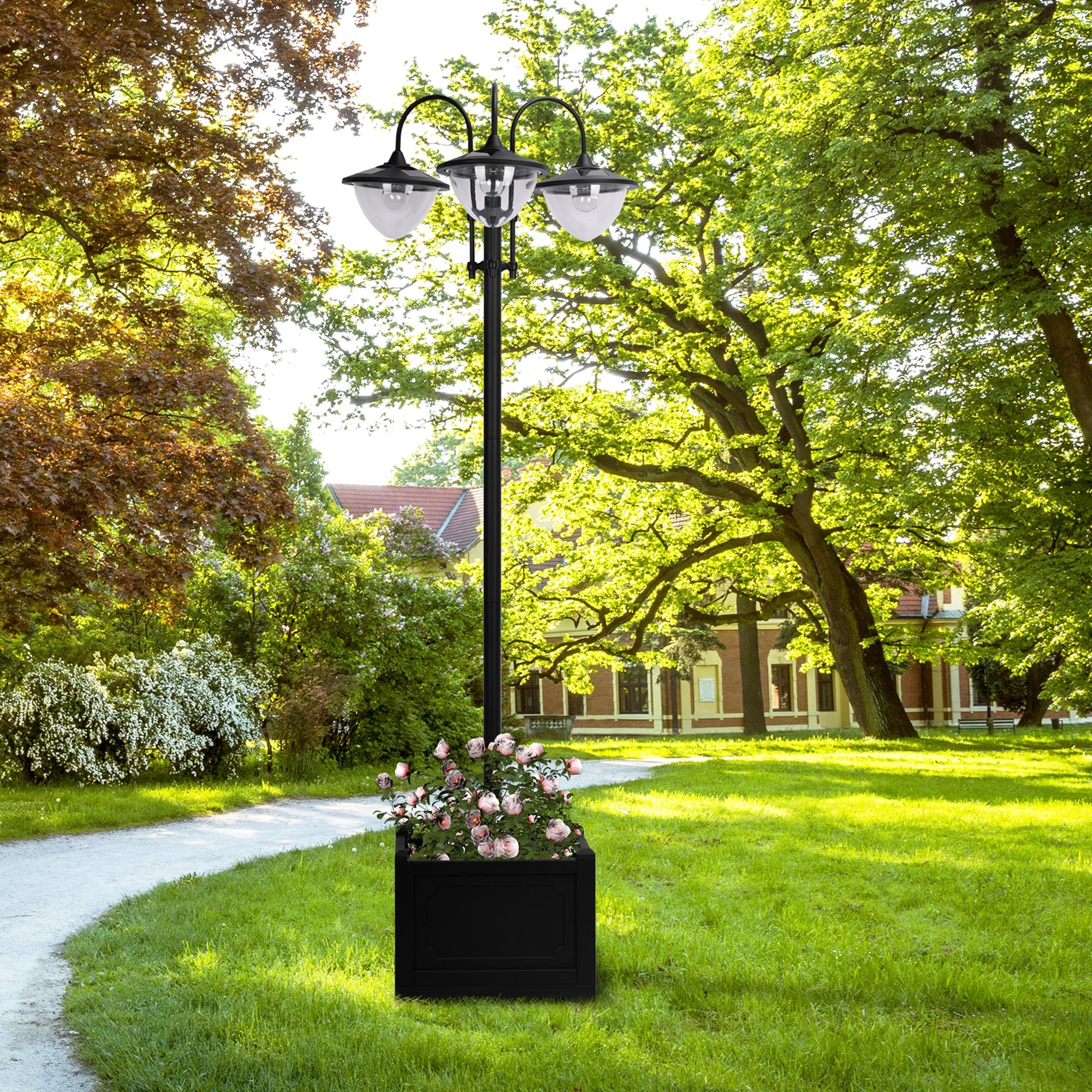 Outsunny Solar Lamp Post, 3-Head LED Garden Light with Built-In Planter & Battery for Garden Decoration, Black Aosom Canada