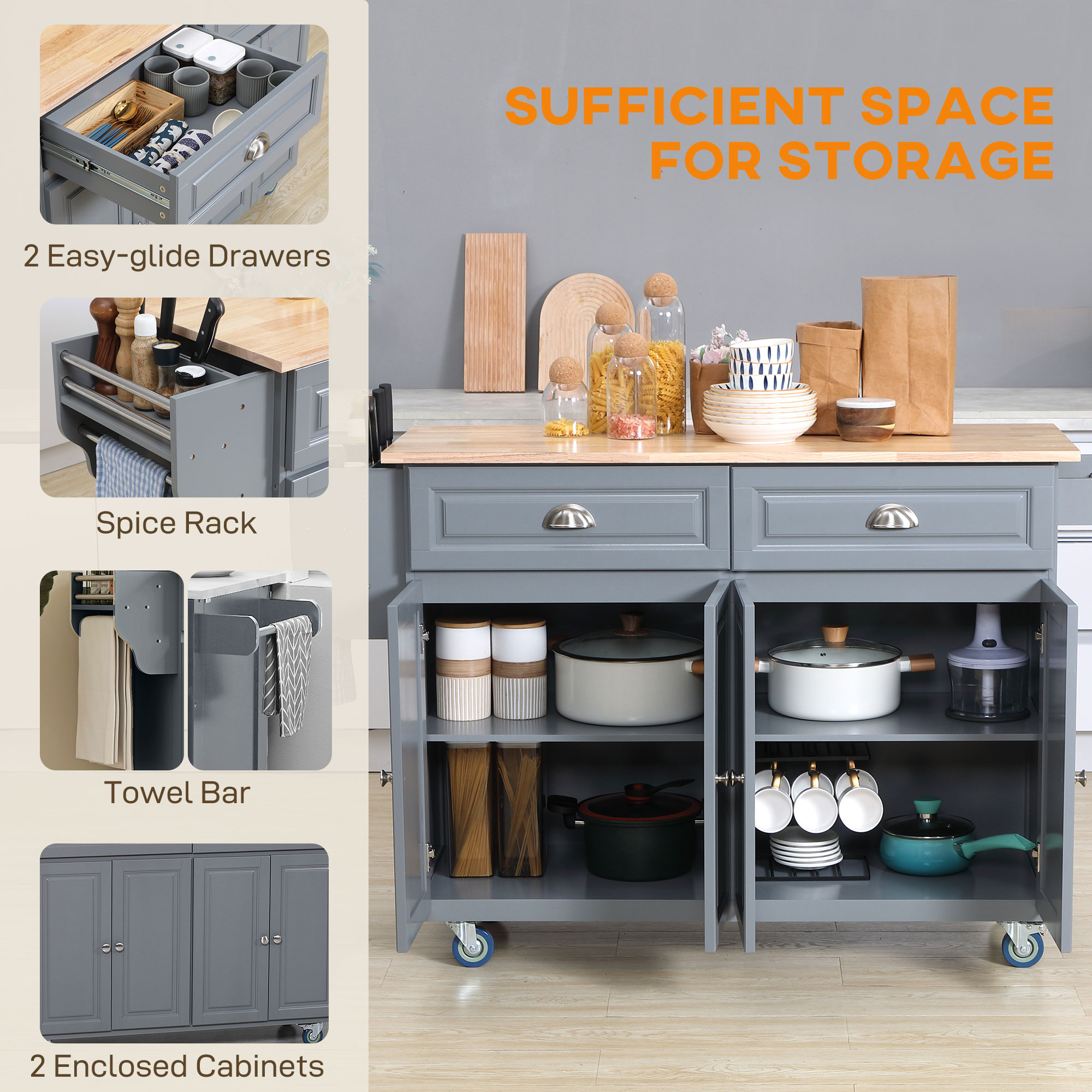 HOMCOM Kitchen Island with Storage, Rolling Kitchen Cart with Drop