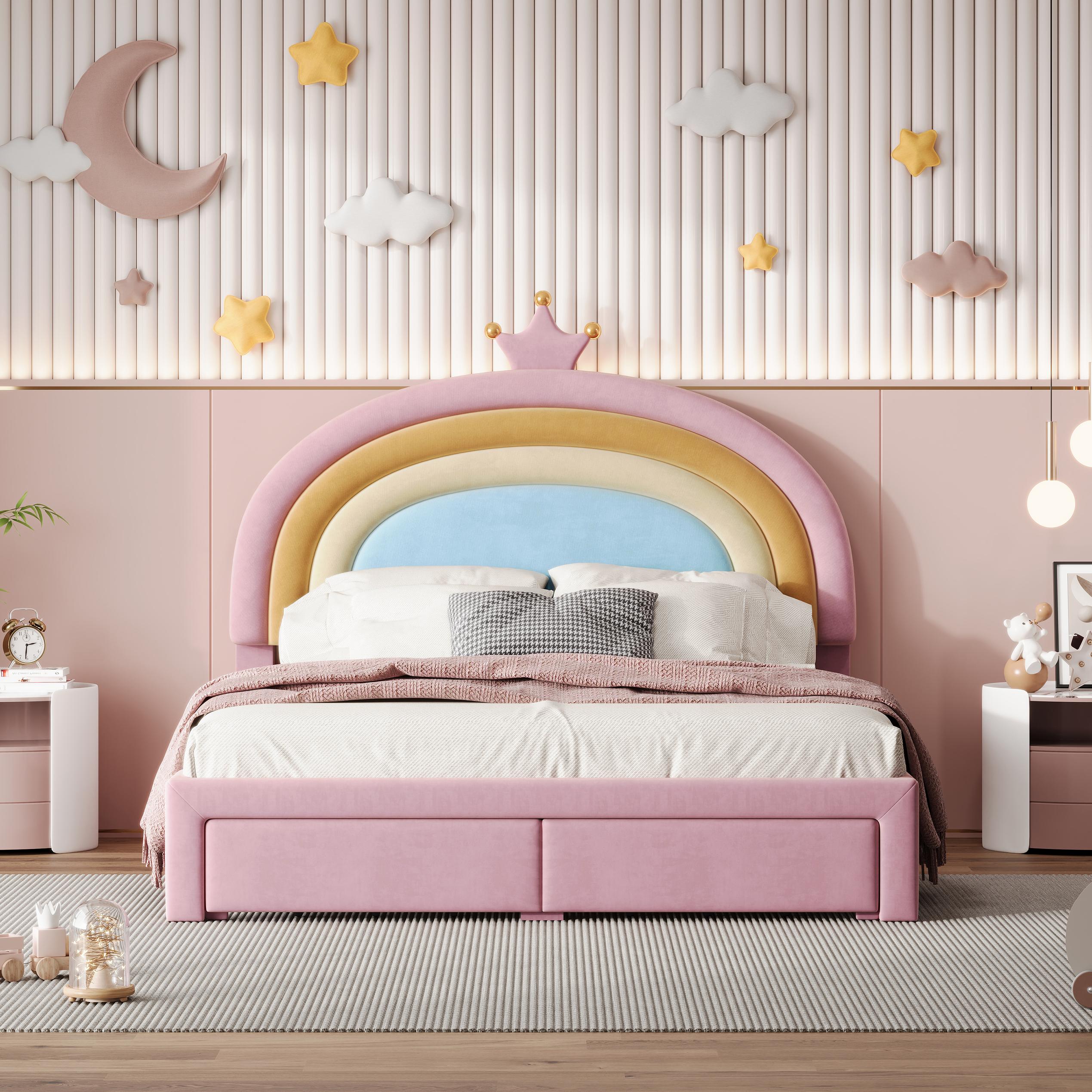 Full Size Upholstered Rainbow Design Bed with Velvet Finish, Storage Drawer, Bed Frame for Children, 77.5" L x 55.5" W x 47" H, Pink Aosom Canada