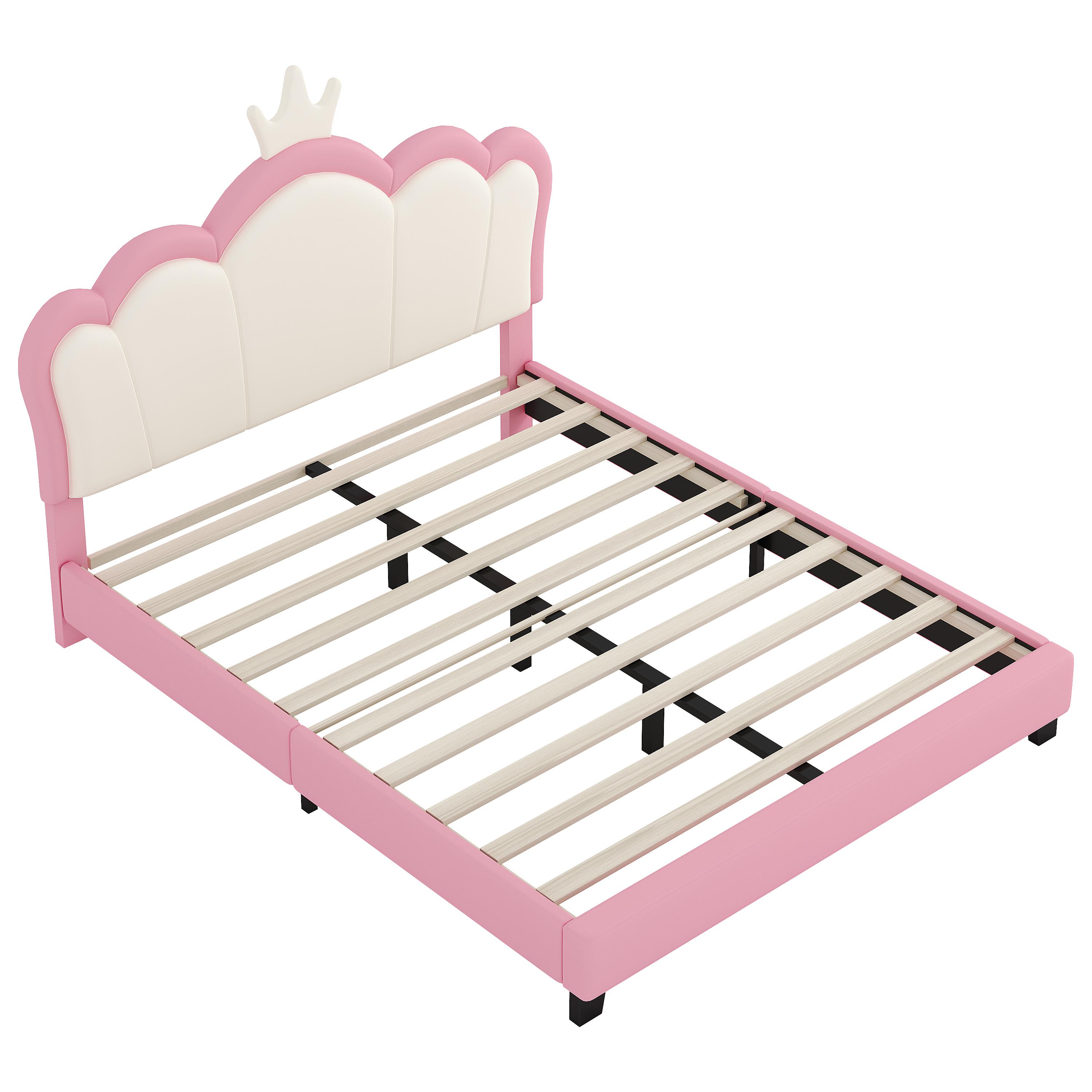 Bubu④ J726 Full Size Upholstered Princess Bed with Crown Headboard, Pink