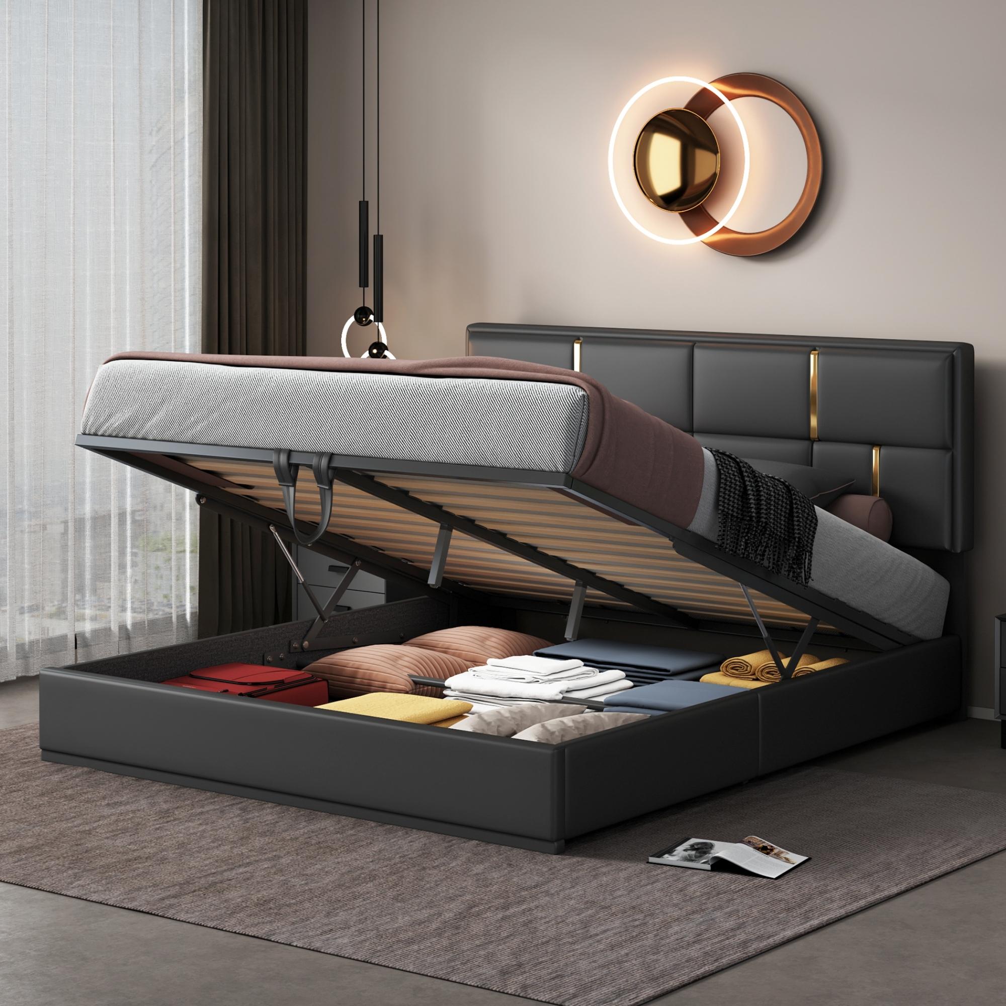 Queen Bed Frame with Storage, Queen Size Upholstered Platform Bed with Plywood and MDF Frame, 85" L x 64.5" W x 41" H, Black Aosom Canada