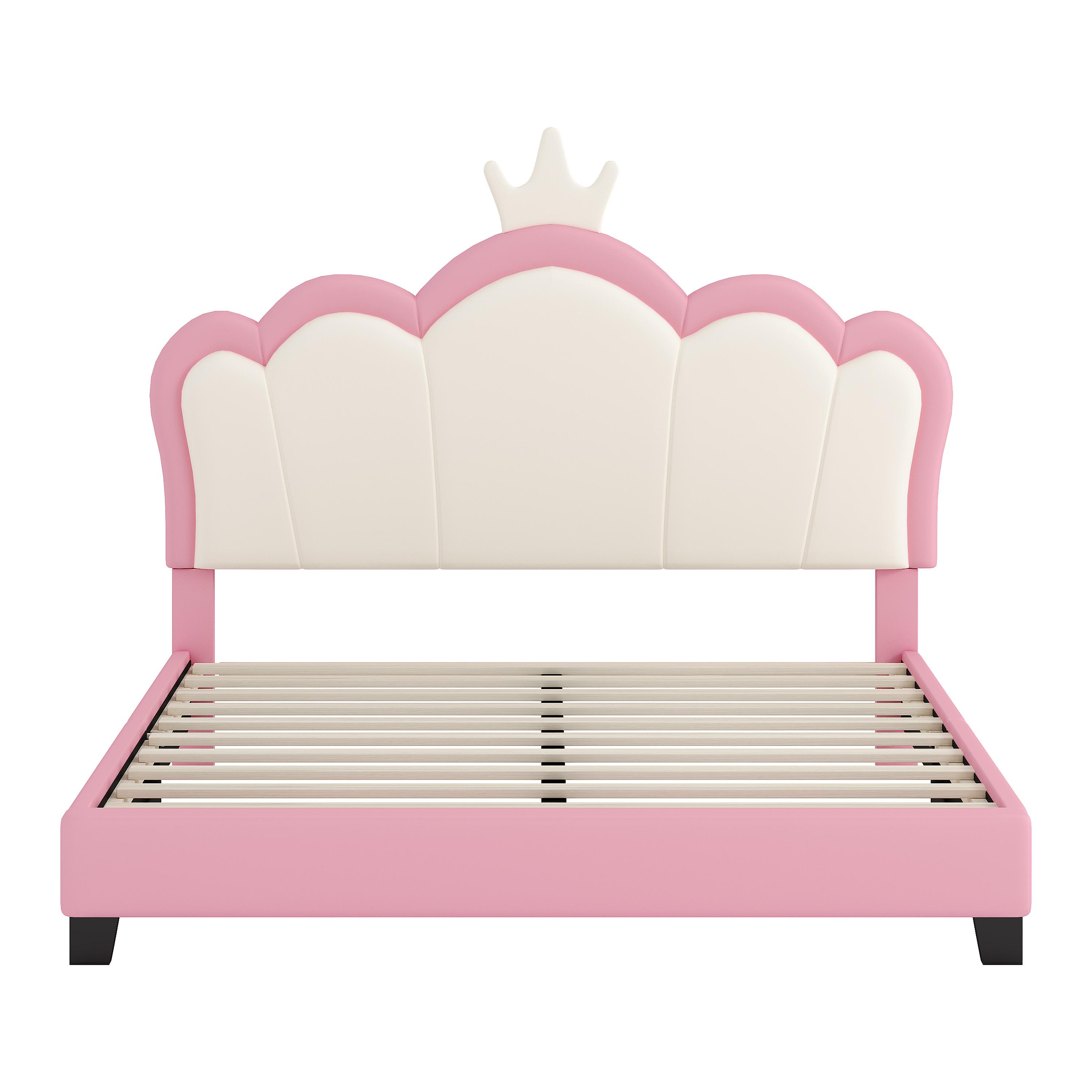 Bubu④ J726 Full Size Upholstered Princess Bed with Crown Headboard, Pink