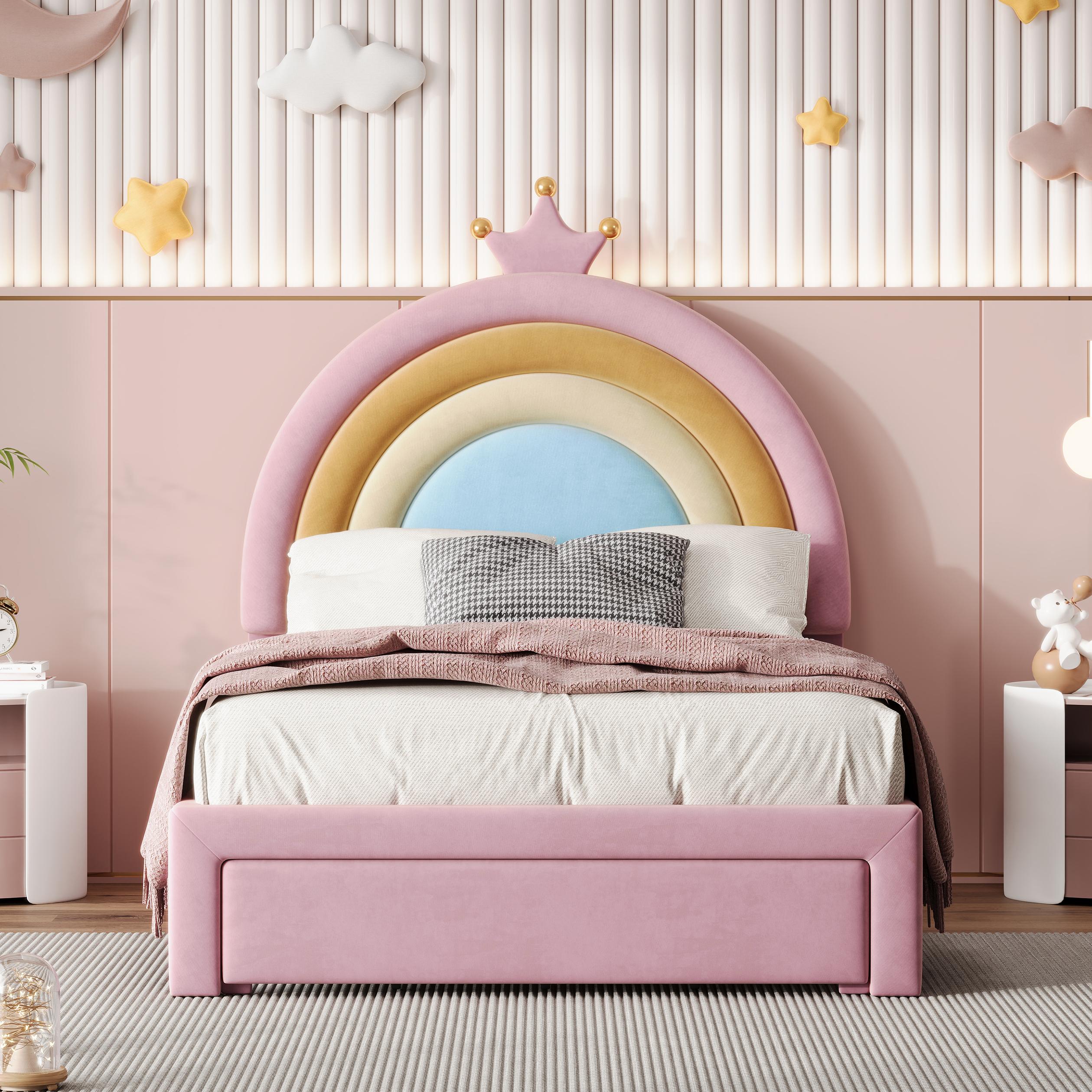 Twin Size Velvet Platform Bed with Storage Drawer, Upholstered Rainbow Design, Bed Frame for Children, 77.5" L x 40.5" W x 47" H, Pink Aosom Canada