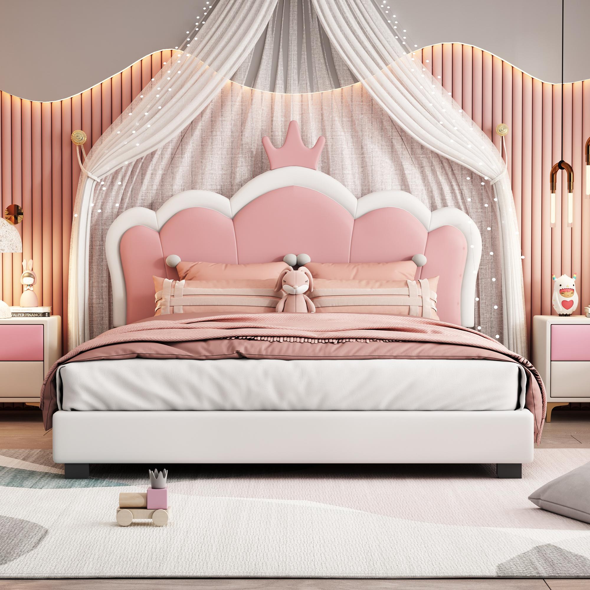 Full Size Upholstered Princess Bed with Crown Headboard, Poplar Wood Frame, Bed Frame for Children, 80" L x 61.5" W x 44" H, Cream Aosom Canada